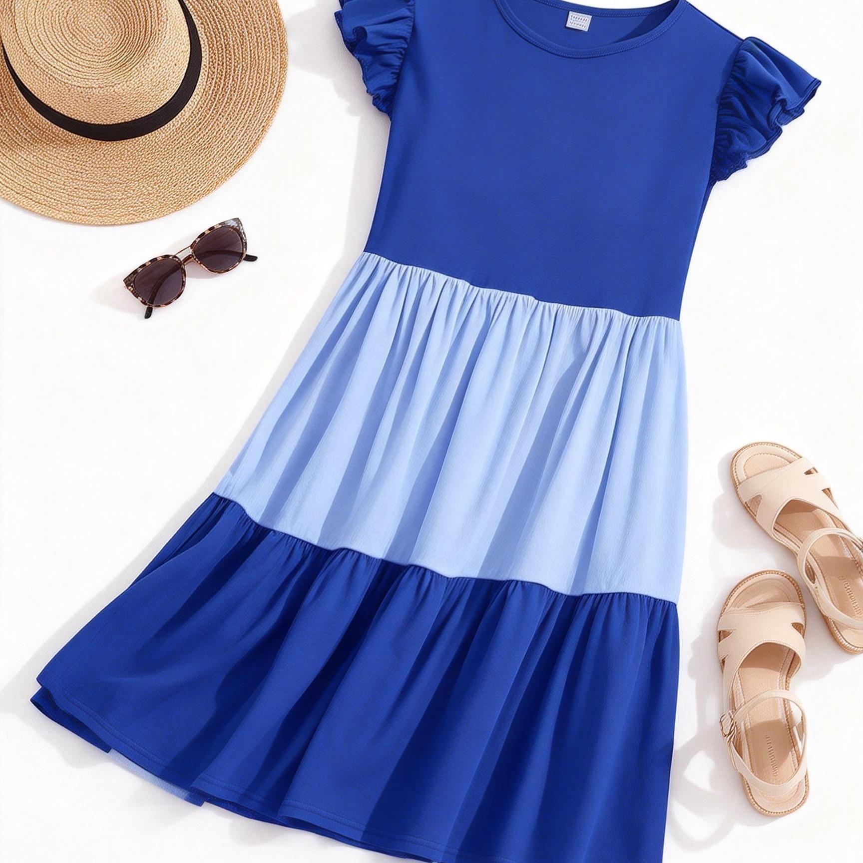 Image of Summer Girls' Dress With Color- , Trim, And Small Flutter Sleeves. A Loose, Casual A-line Summer Dress Perfect For Daily Wear Or Back-to-school Occasions, For Teenager