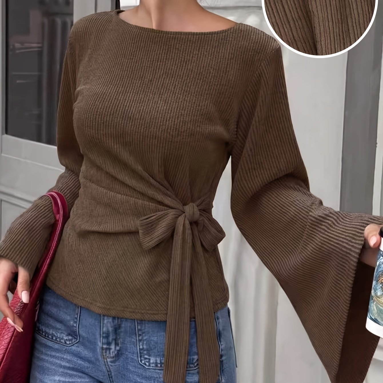 TEMU Women's Boat Neck Flared Long Sleeve Tie-side Irregular Top Casual Daily Outing T-shirt