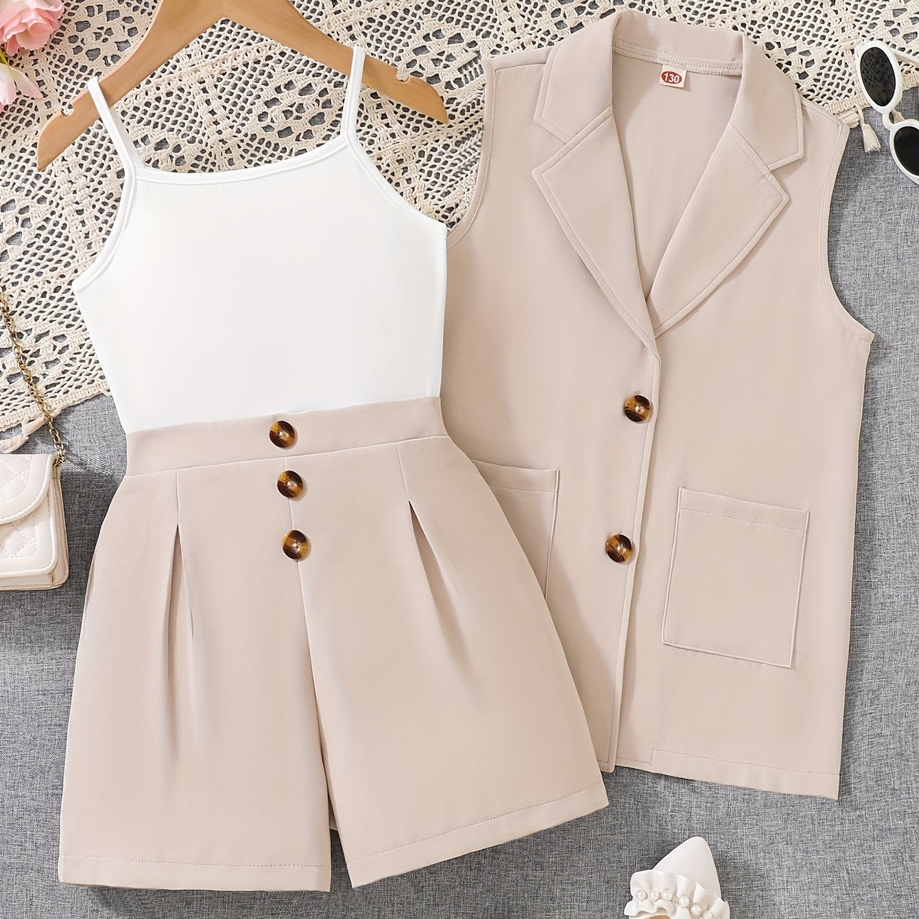 Girls' Summer 3pcs Solid Sleeveless Button-up Blazer Vest And Shorts Set, For Outdoor