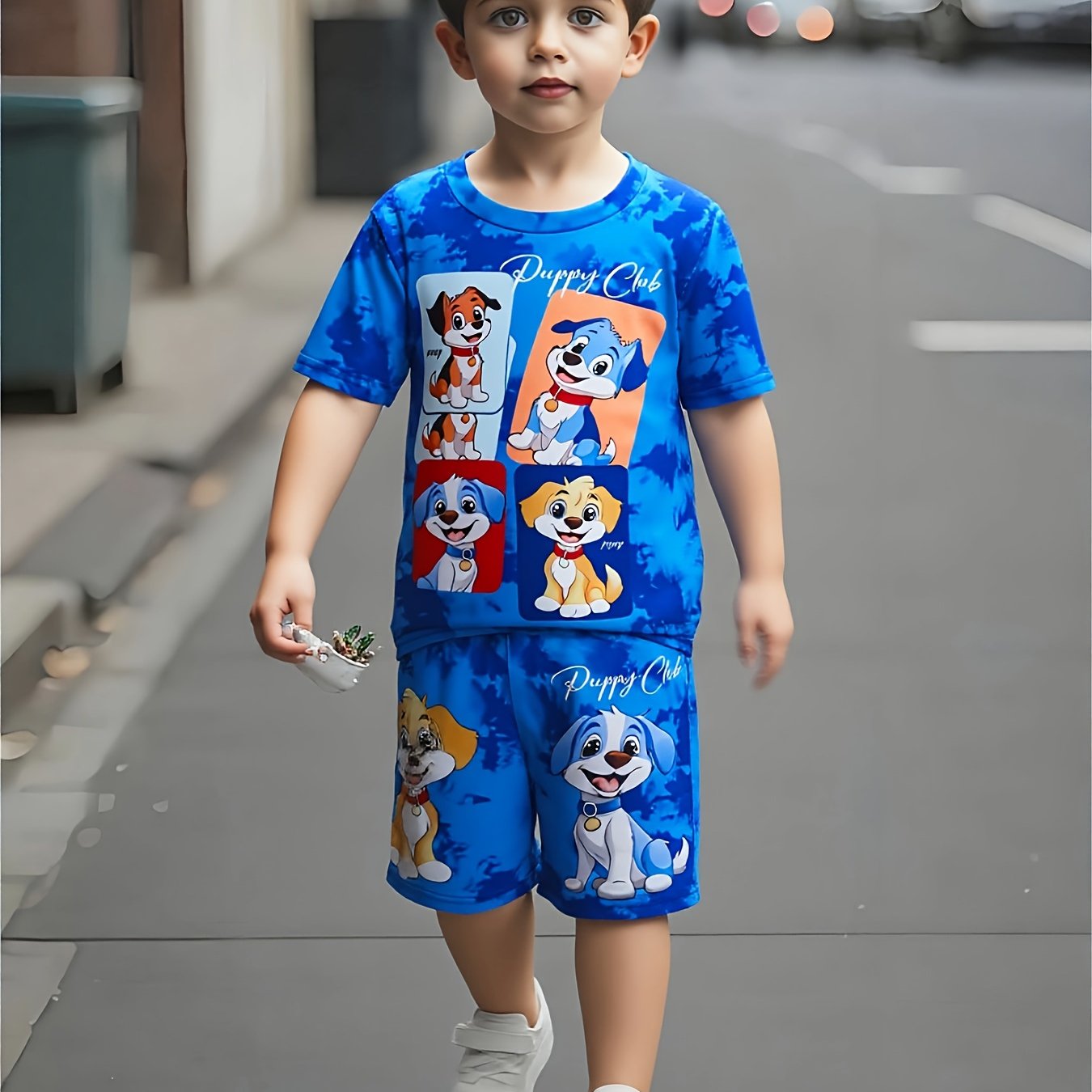 TEMU Boys' 2pcs Outfit Featuring A Cartoon Dog Design, Includes A Short-sleeve Top And Casual Shorts. This Summer Set Is Perfect For School, Parties,