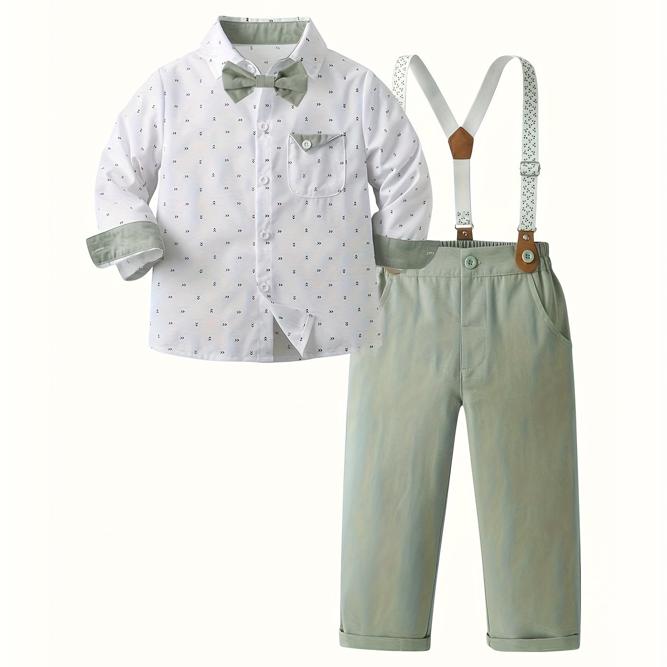 Image of Boys' New Long-sleeve Shirts, Clothing, Creative Printed Shirts, Suspenders, Green Trousers, Suits, Gentleman Bows, Cardigans, Banquet Parties, , Birthday Party Dresses, Multi-piece Suits