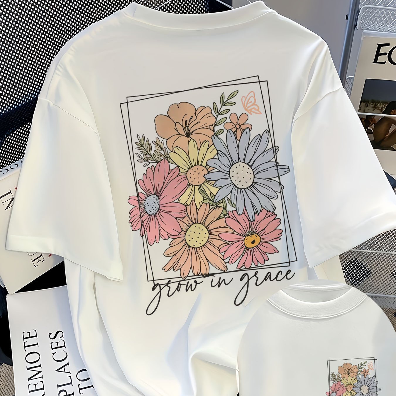 Women's Summer Oversized T-shirt Crew Neck Drop Shoulder Front Back Floral Graphic Boho Top