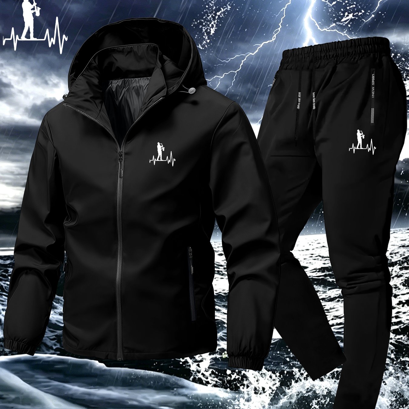 TEMU Men's New Jacket Suit, Rainy Print, Suitable For Outdoor Hiking Wear, Long Pants, Men's Outerwear Home Warm Coat Two-piece Set