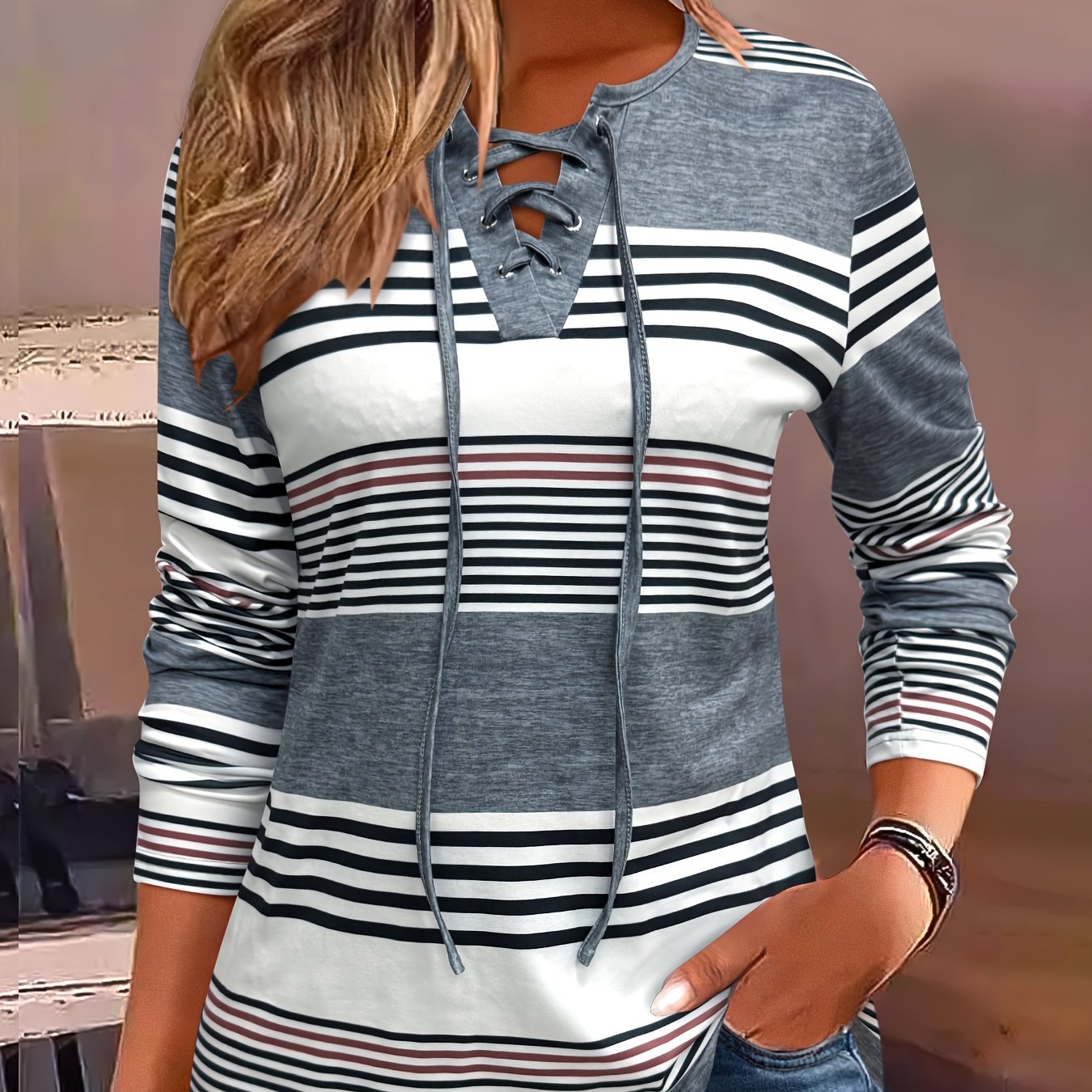 Image of Spring And Autumn Striped Fashion V-neck Eyelet Women's T-shirt Top