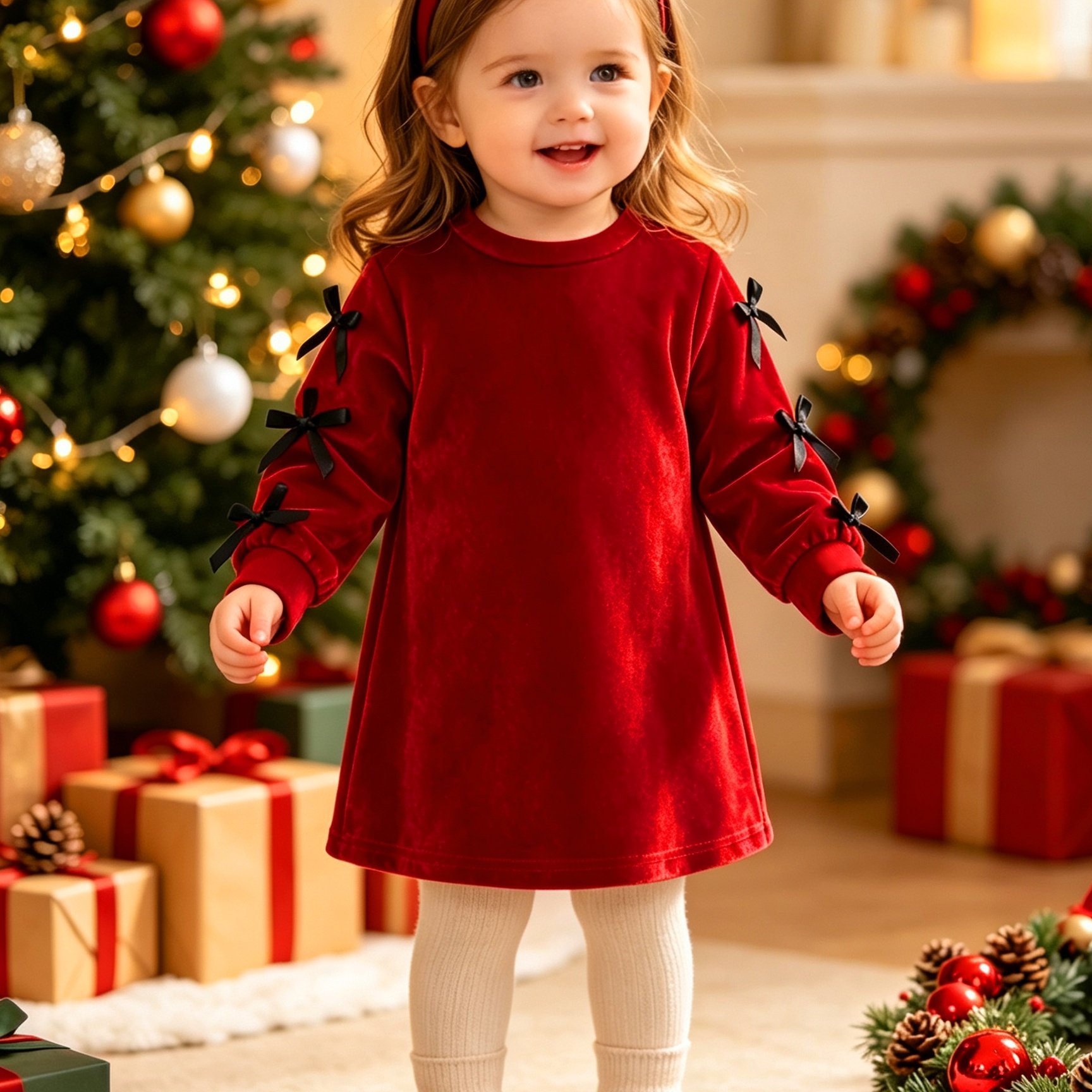 TEMU Christmas - Suitable For - Baby Girl 0-3 Years Old Fashionable Velvet Long Sleeve Dress Double-sided 3d Bow Half-high Neck First Birthday New