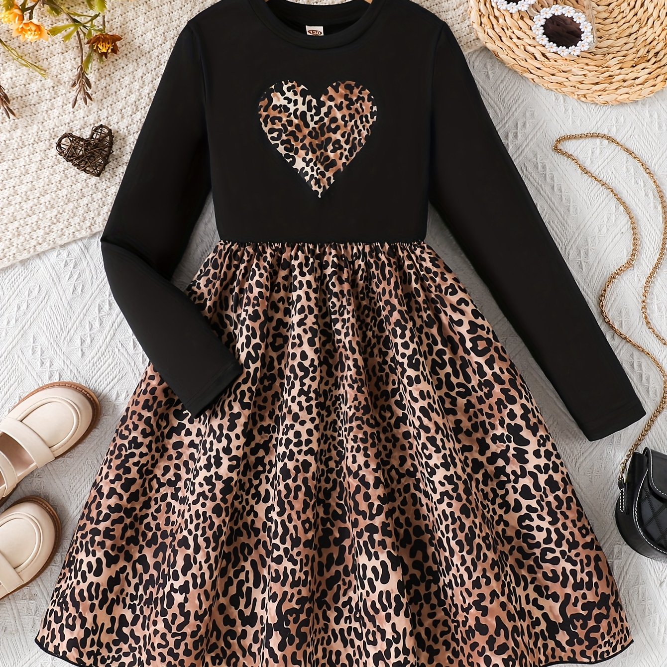 Autumn Girly Print Leopard Print Long Sleeve Dress