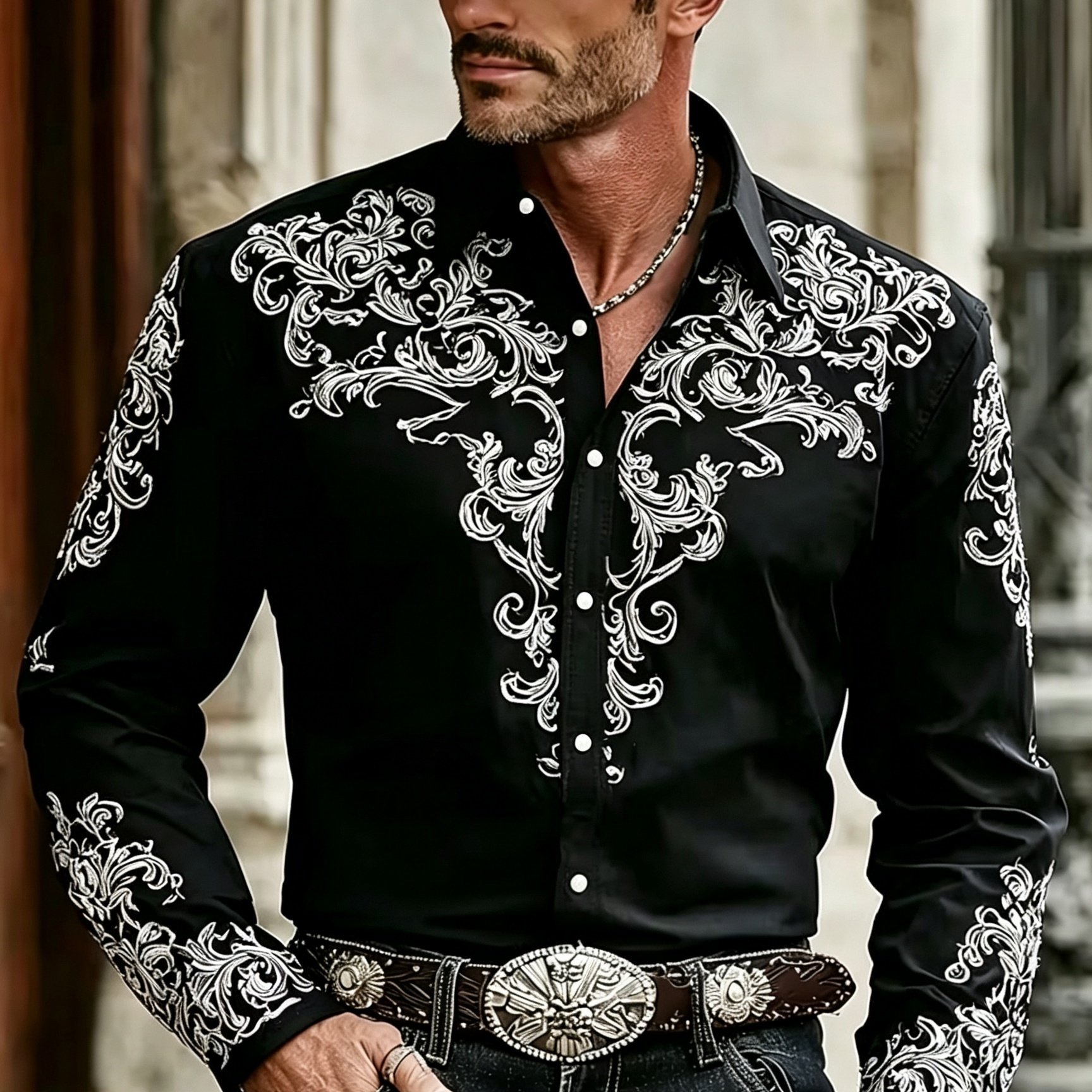 TEMU Men's Essential Top Printed Design â Not Textured, Men', Western Style Men's Geometric Print Shirt, Vintage Long-sleeve Shirt, Spring And Autum