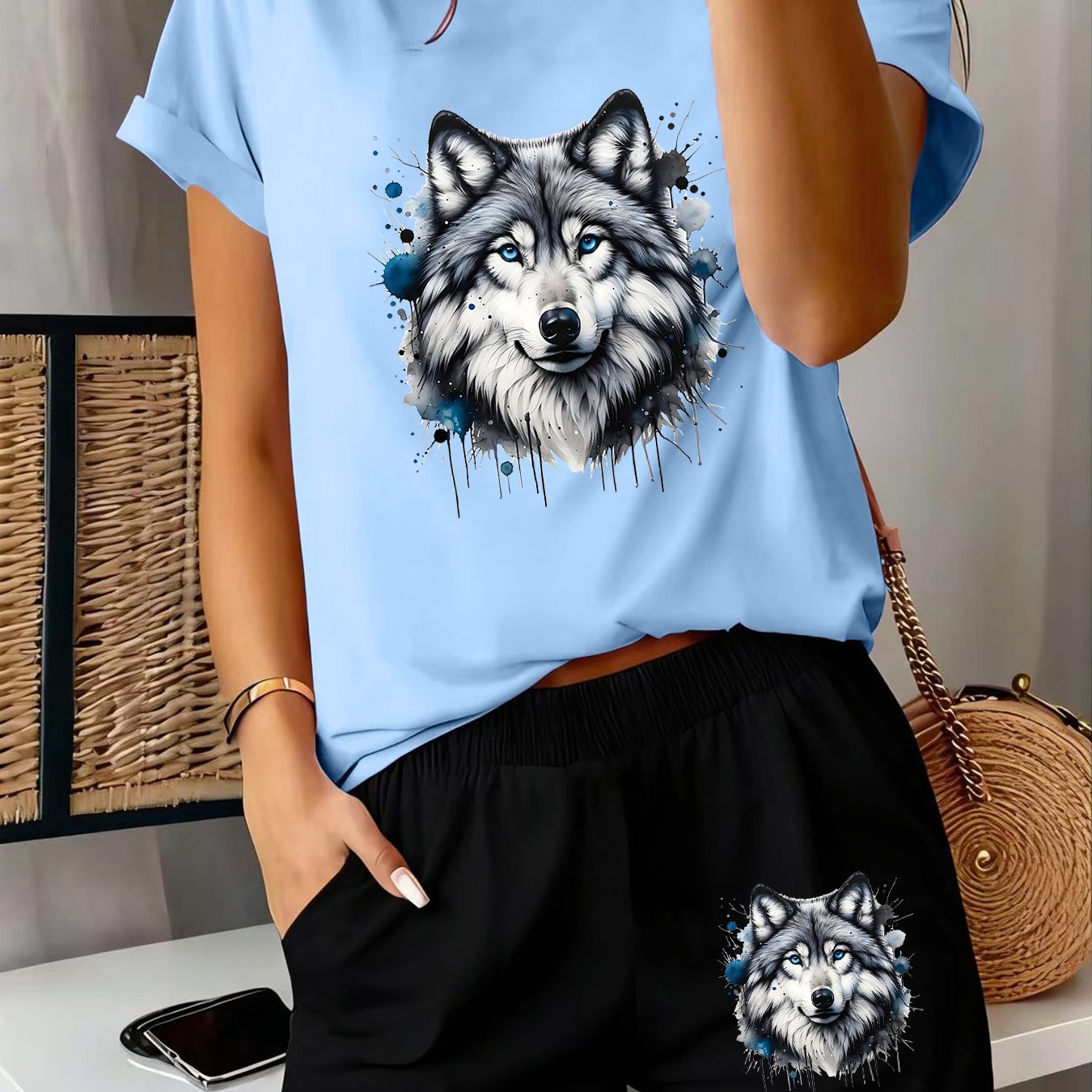 TEMU 2pcs Women's Spring Summer Matching Short Sleeve & Shorts Pajamas - Wolf Head Print Breathable Sleepwear Suitable For Girlfriend Gifts, Gym,