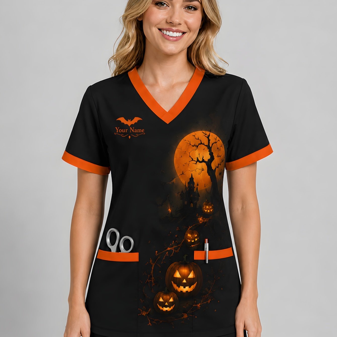 TEMU Halloween - Plus Size - Customizable Name Halloween Pumpkin Castle Plus Size Nurse Top Women's Color-block V-neck Short Sleeve Brushed Fabric