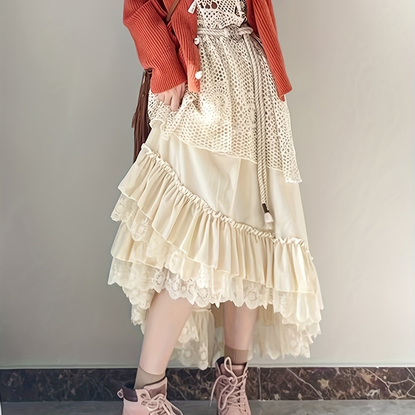 TEMU Lace Velvet A-line Skirt For Women, Spring/autumn Mid-length Flared Skirt, Fairy Cake Skirt, 2025 New Style