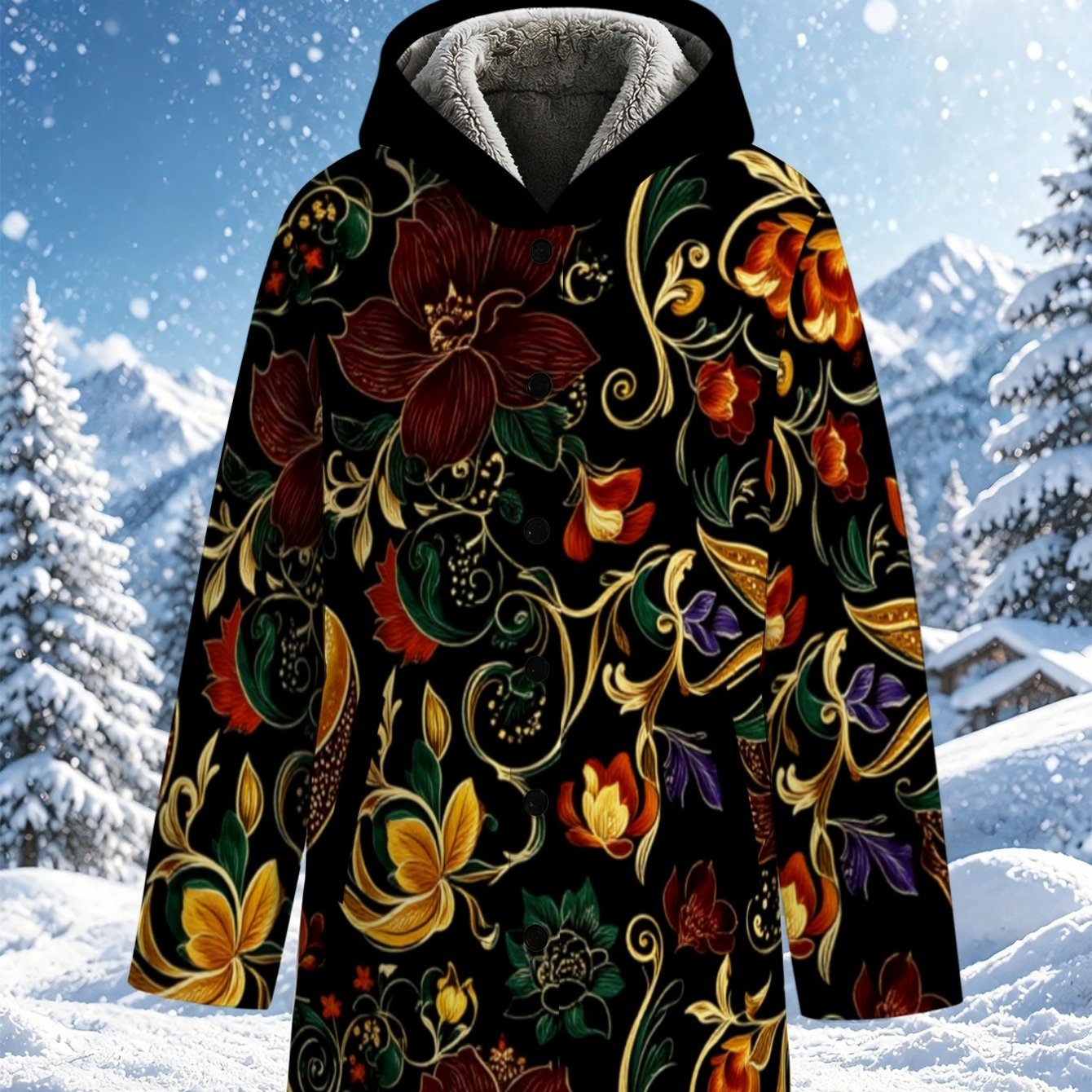 TEMU Lianyaoshi[printed Designnot Textured] Womens Fleece-lined Hooded With Vibrant Floral Print, Lightweight Warm For Winter Outdoor, , Cafe, Or Use