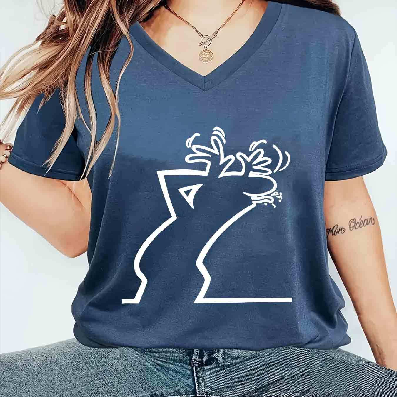 TEMU 1pc Fashion Women's V-neck Short Sleeve T-shirt, Polyester Series For With Creative Fun Cartoon Eye Wipe Pattern Print