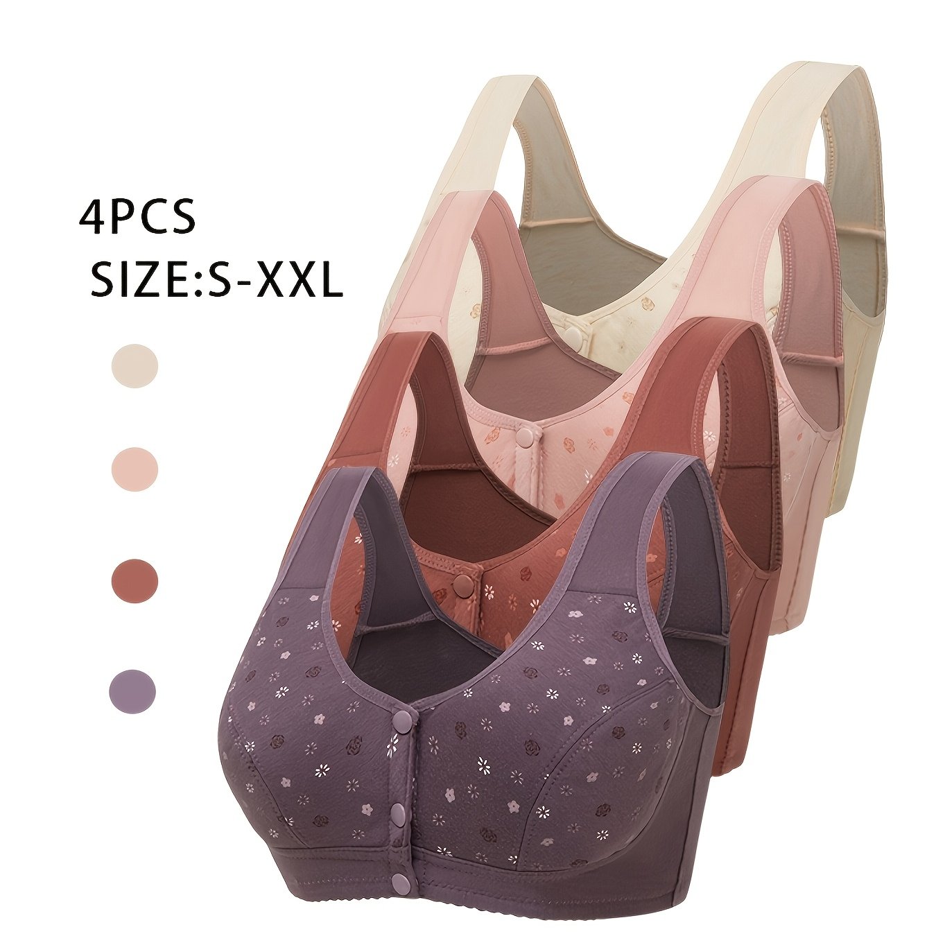 TEMU 4-pack Standard Size Wire- Bra, Small Floral Print, Comfortable And Breathable Without Chest Pads, Front Button Design, Easy To Put On And ,