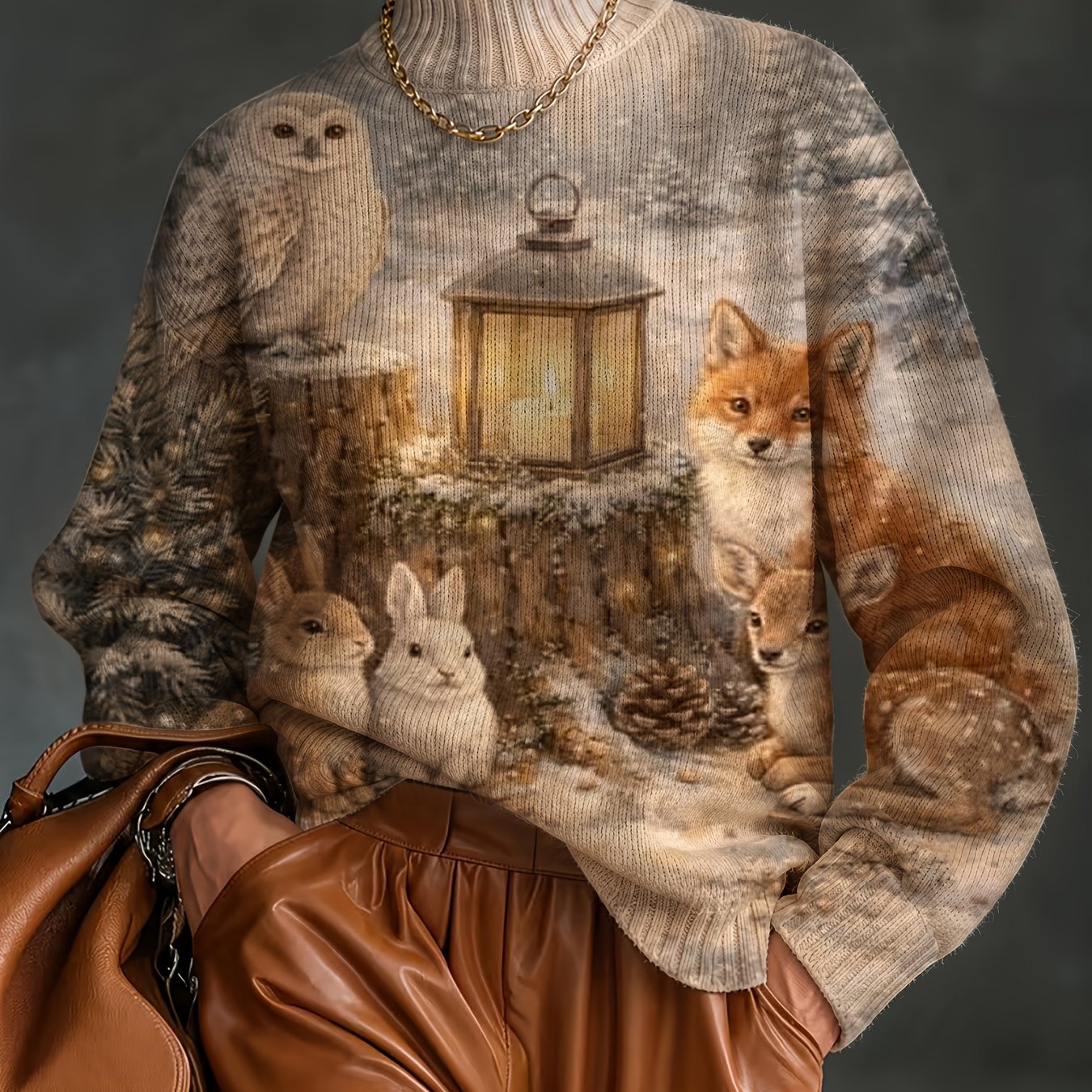 TEMU [2d Digital Printing] Fashionable And Trendy Women's Pullover Sweater, Winter Animal Snow Scene Print Beautiful Sweater, Thick High-neck Top,