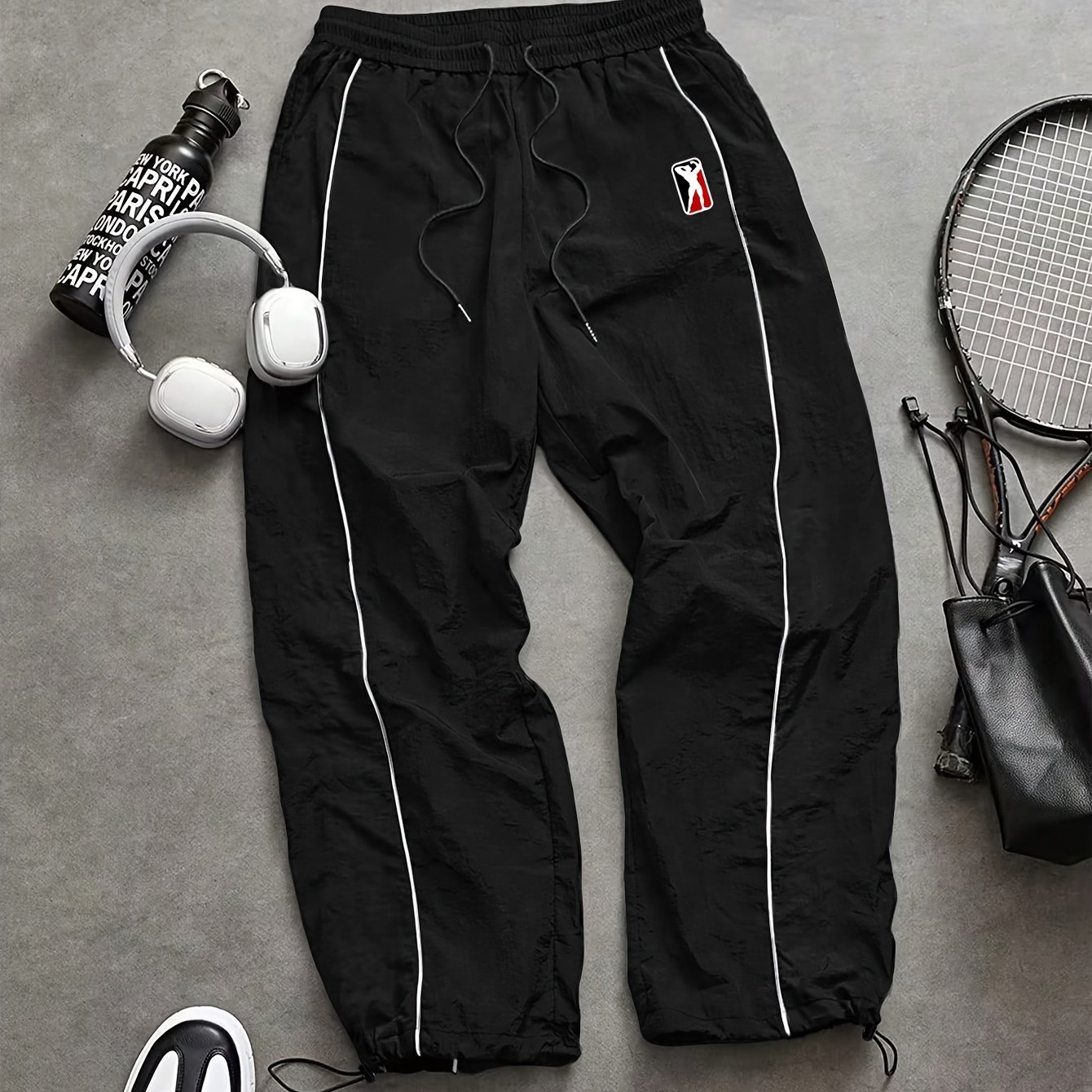 E-shop Style Kontrastlinien Kordelzug Knöchelhose, Leichte Atmungsaktive Herren Freizeit Lange Hosen, Trendiges Brand Label Design Street Style