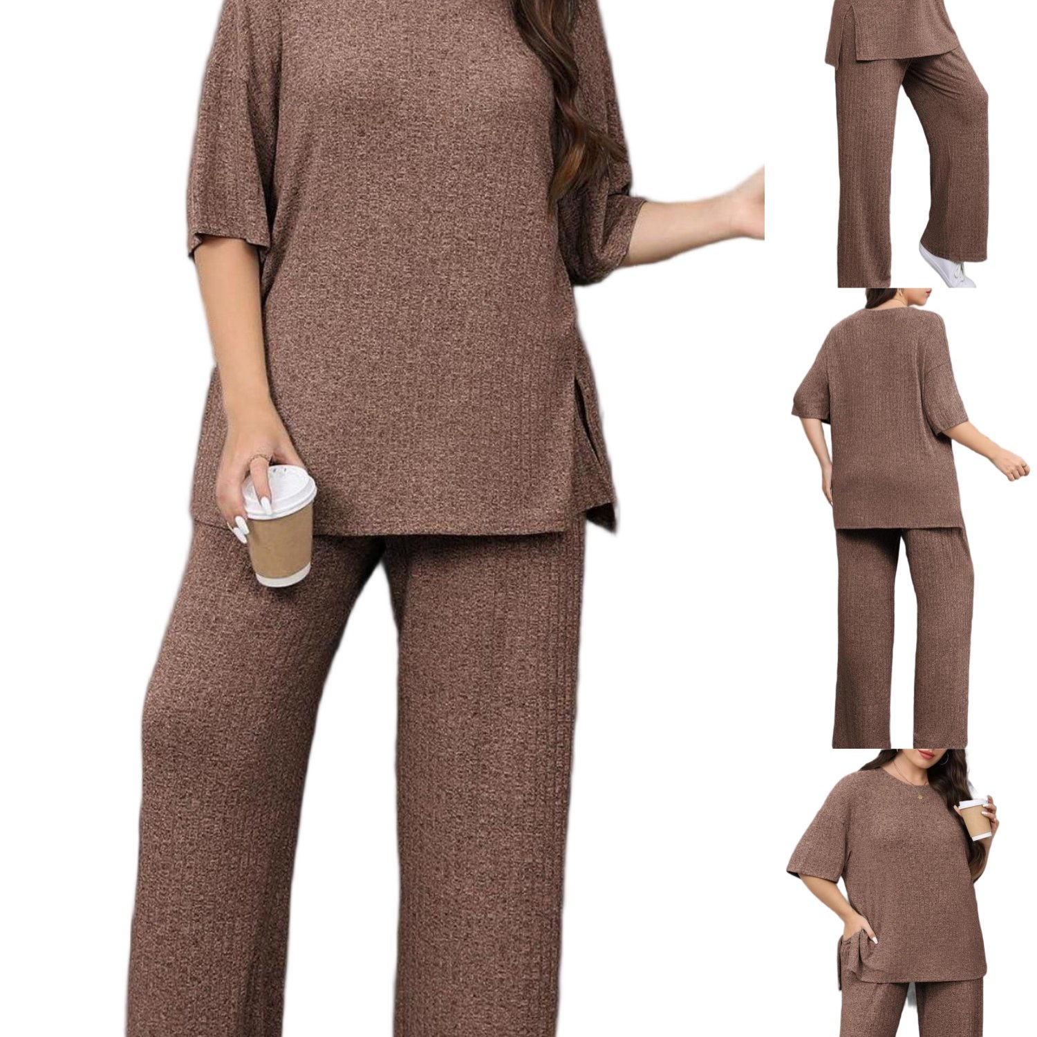 Plus Size 2pcs Lounge Sets Women Ribbed Short Sleeve Tops Wide Leg Pants Casual Airport Outfits