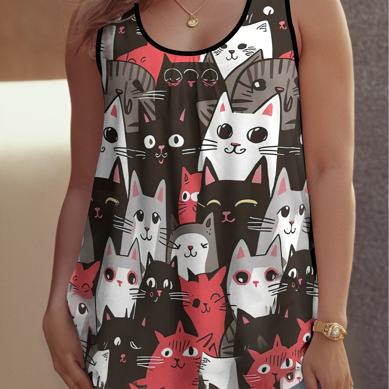 TEMU Plus Size - Plus Size - Women's Plus-size Pleated Tank Top, Versatile And Casual With A Summer Print Design