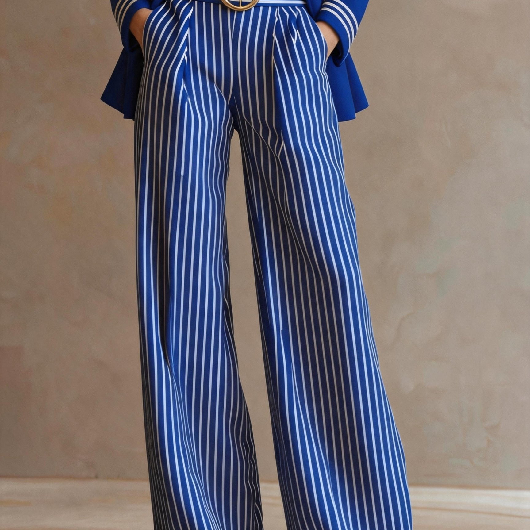 TEMU Women's Striped High-waist Wide-leg Long Pants, Round Ring Decoration Drapey Casual Dress Trousers