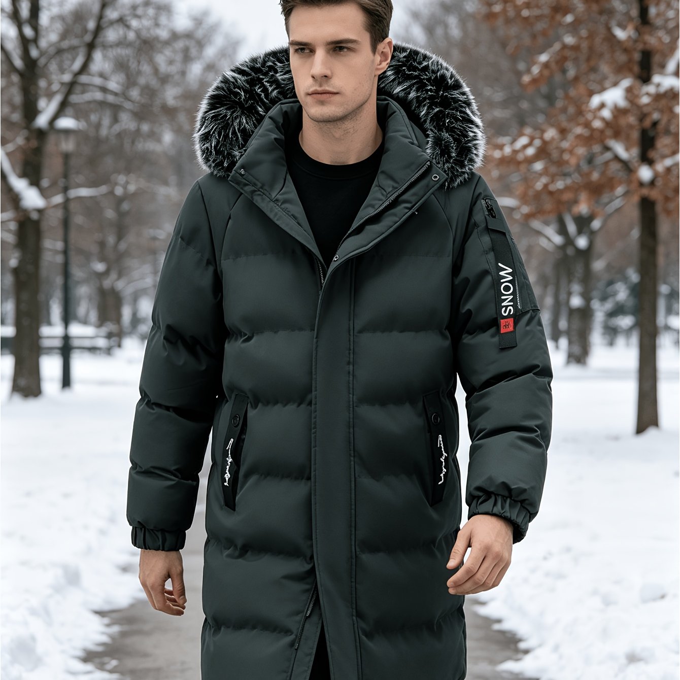 TEMU Men's New Style Casual Mid-length Padded Coat With Large Faux Fur, Men's Thickened Warm Detachable Hood Jacket, Heavyweight Windproof Thermal