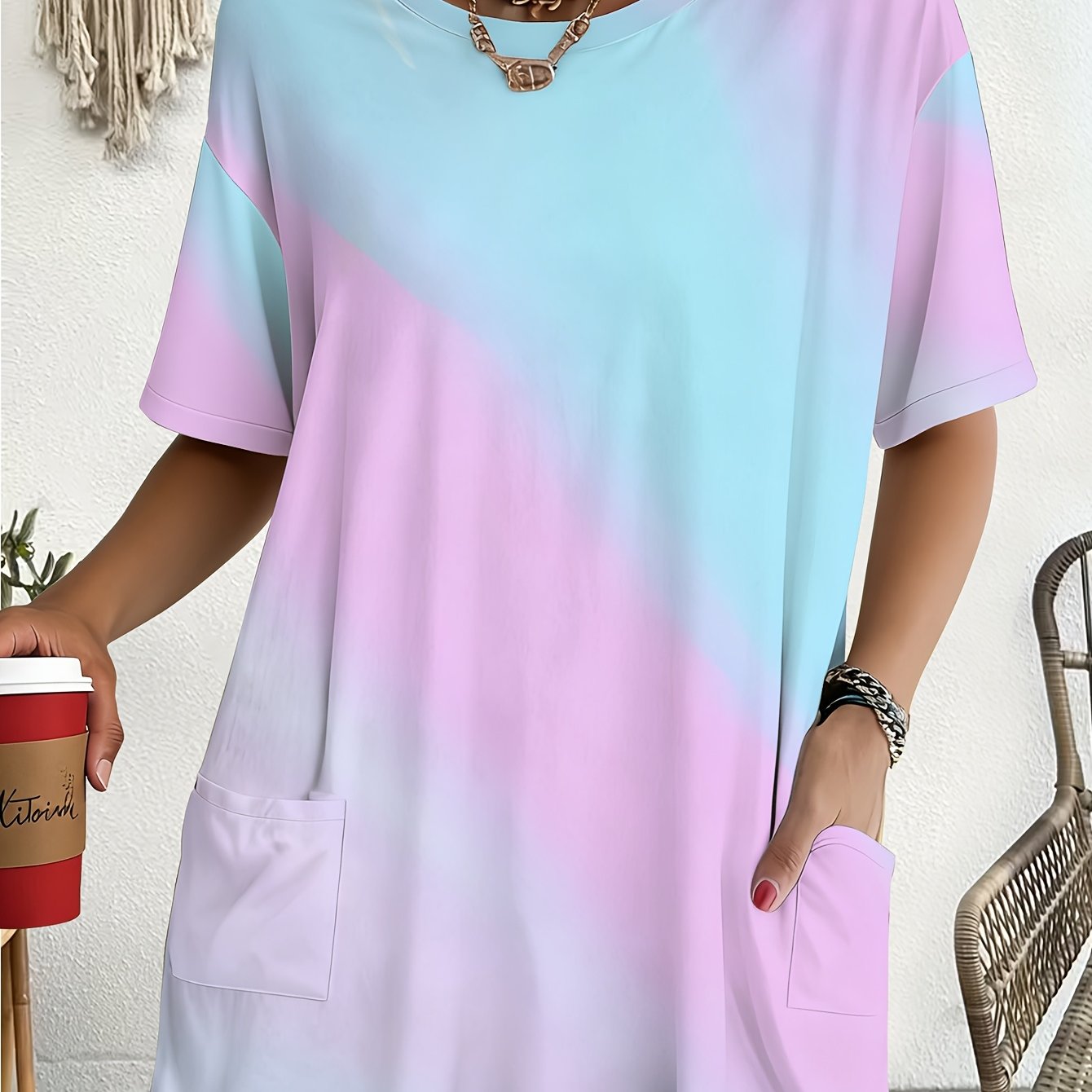 TEMU Oversized T-shirt With Pastel Gradient Design, Featuring Front Pockets, Ideal For Daily Commuting, Casual Gatherings, Beach Vacation, And