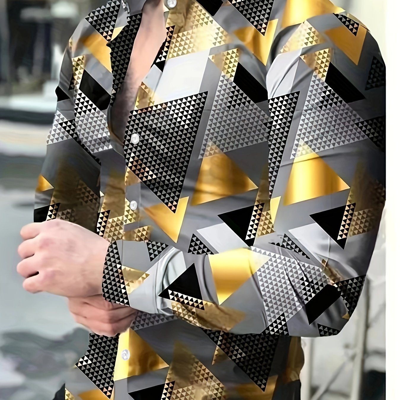TEMU Men's Plus Size Casual 3d Triangle Print Shirt, Polyester 100% Long Sleeve Loose , Non-stretch Woven Fabric, Lapel Collar, Single Breasted ,
