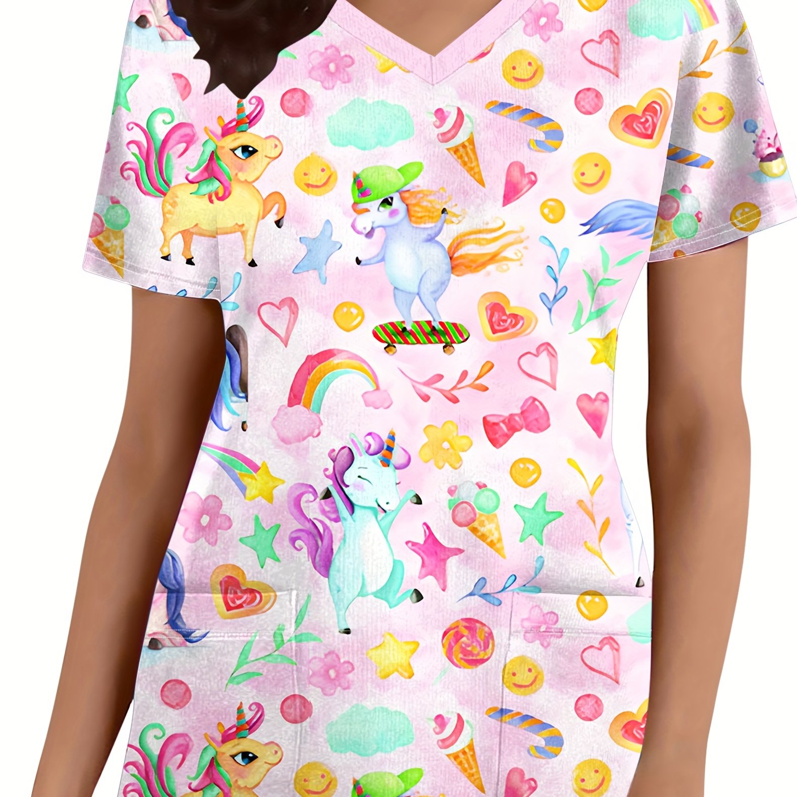 TEMU Women's Cute Unicorn Print V-neck Scrub Top With Pockets - Breathable Nurse Uniform, Short Sleeve, Cartoon Design Uniforms, , Polyester Fabric,