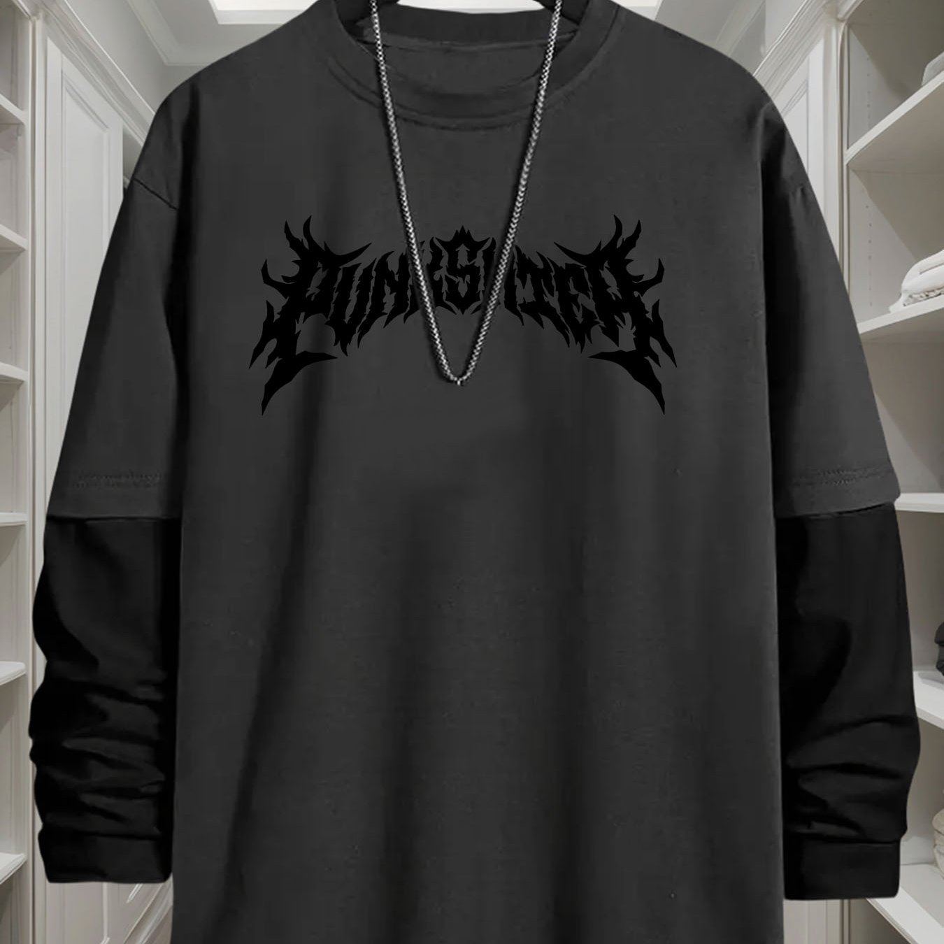 TEMU Чоловіча футболка з довгими рукавами J1472 Style Gothic Letter Print Pattern Fake Two-Piece, комфортна, , трендова, для вулиці