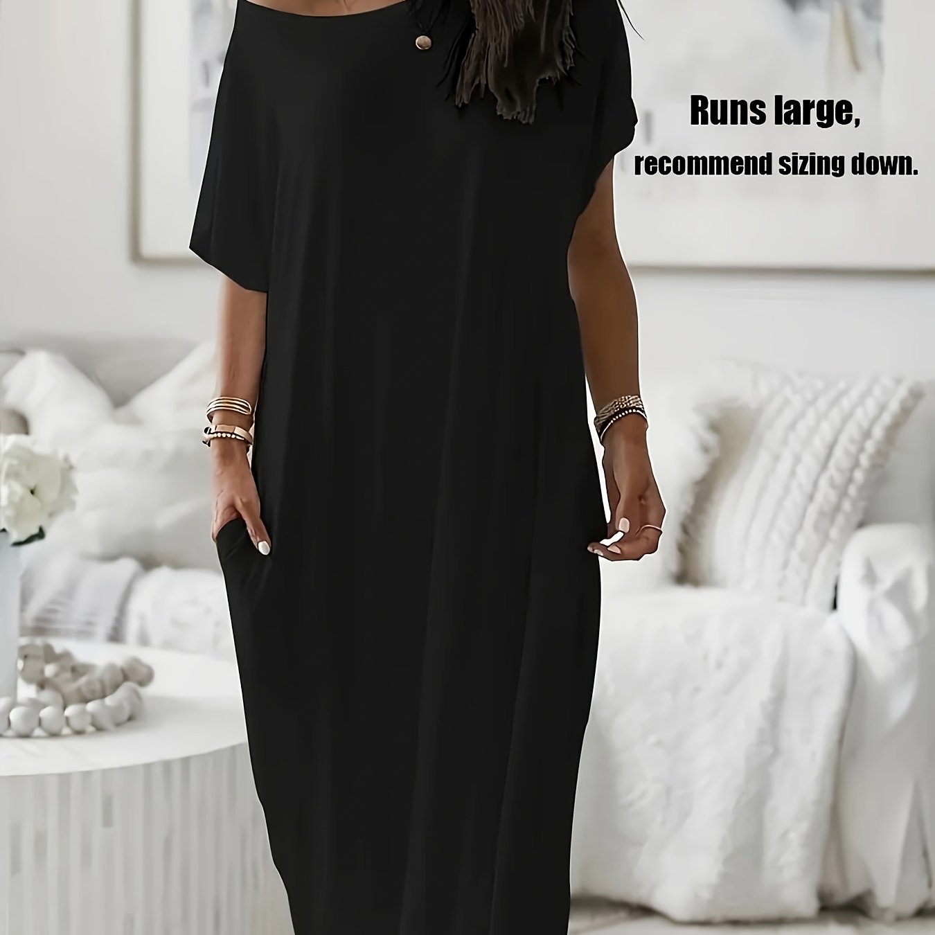 Women' Color - Slightly Stretchy Polyester Fabric Large Round Neck Short-sleeve Long Nightgown.
