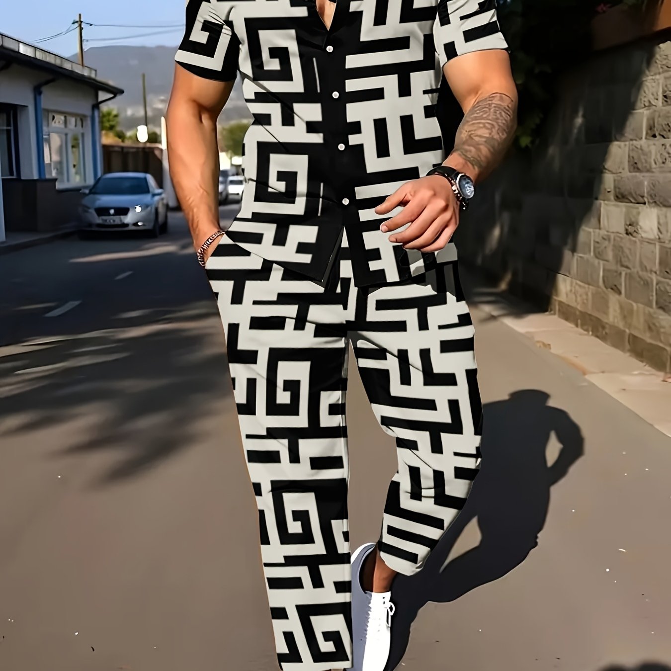 TEMU Men's 2pcs Summer Casual Fashion Full Print Beach Collar Short Sleeved Shirt+pants 2pcs Set, Style Hawaiian Style Outfit