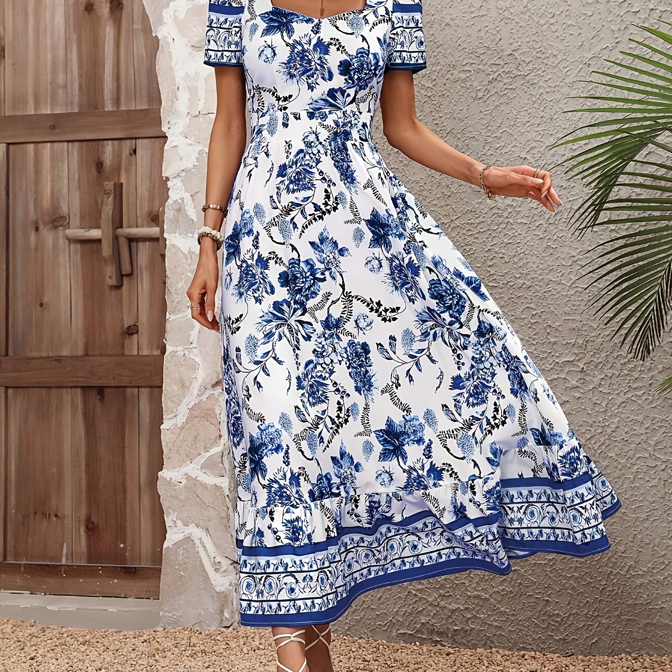 E-shop Damens Sommerkleid mit Blumenmuster, Rundhalsausschnitt und Gerafften Details – Leichtes, Atmungsaktives A-Linien-Kleid für Strandpartys,