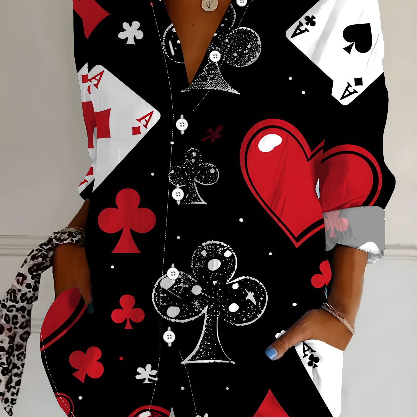 TEMU Plus Size, New Plus Size Women's Long Sleeve Printed Shirt - Versatile Elegant Shirt With Poker Card Element Pattern, Loose 's Long Sleeve