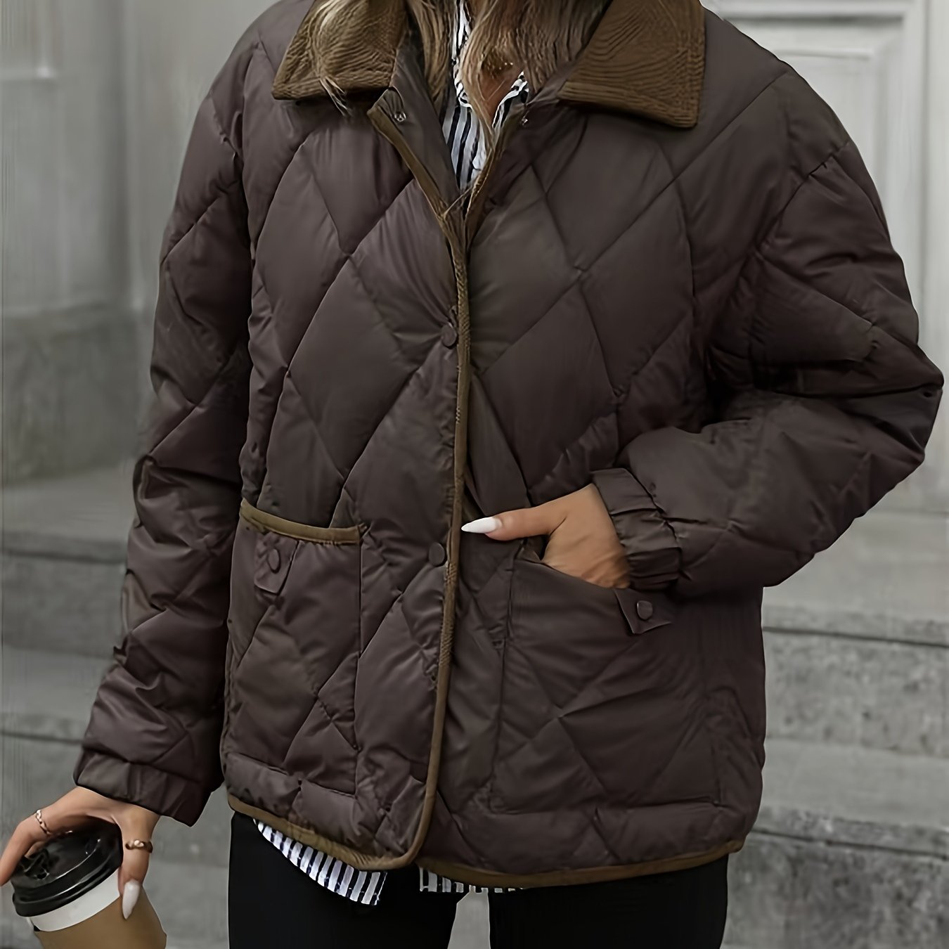 E-shop Damen-Mode-Top mit Rautenmuster, einreihiger kurzer gepolsterter Mantel für Damen mit Kragen-Patchwork, Neuheit Winter 2024, Bindung Bindeband,