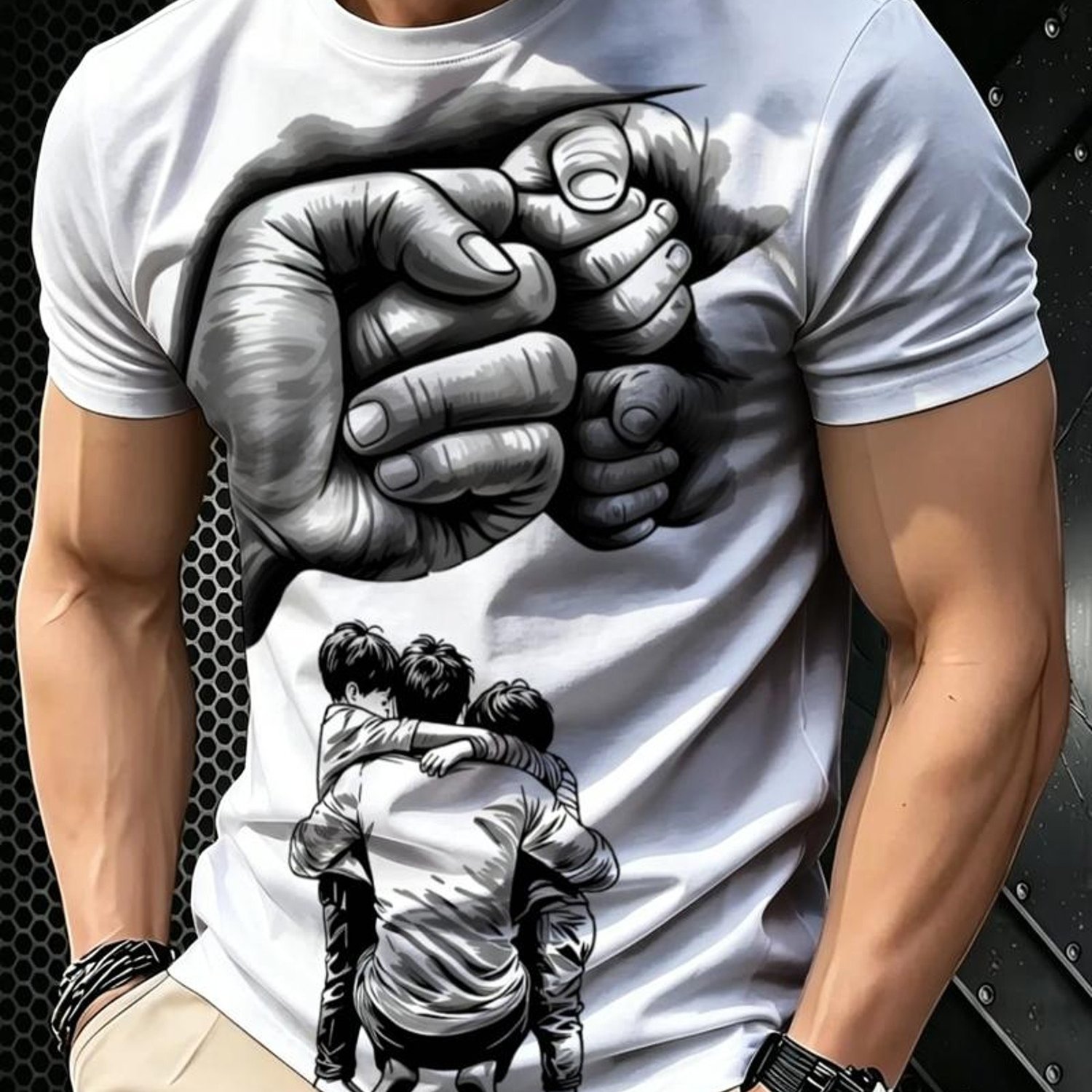 TEMU Printed Design â Not Textured 's Short-sleeve T-shirt With Black And White Sketch Print Of A Father Holding His Hand In A Tender Embrace,