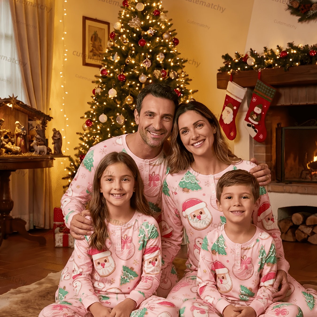 Image of Crew Neck Family Matching Set, Pink Santa And Christmas Tree , Soft And Comfortable For Kids, Children And Children, For Outdoor