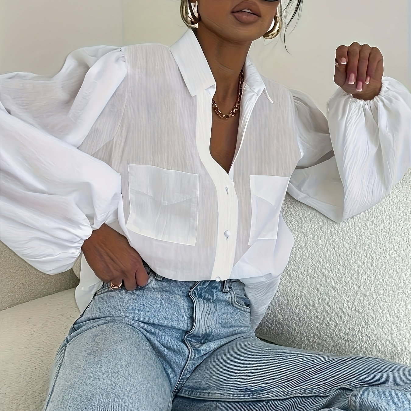 TEMU Elegant Special Women's Lapel Double Pocket Lantern Long Sleeve Loose Fit Casual Shirt, Spring And Autumn Top, Suitable For Beach Vacations,