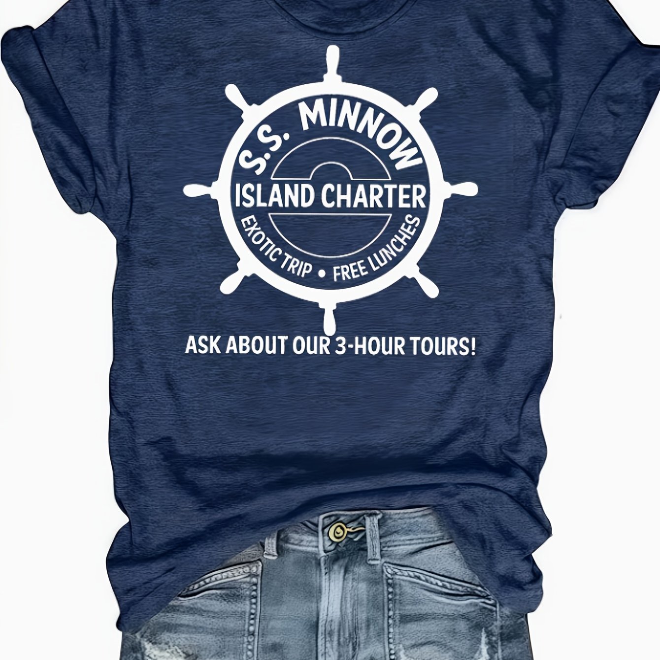 TEMU Plus Size - Plus Size - S.s. Minnow Island Women's Regular Short Sleeve T-shirt - Fun Cartoon Print, Round Neck Casual - Machine Washable, Fashionable Women's Clothing