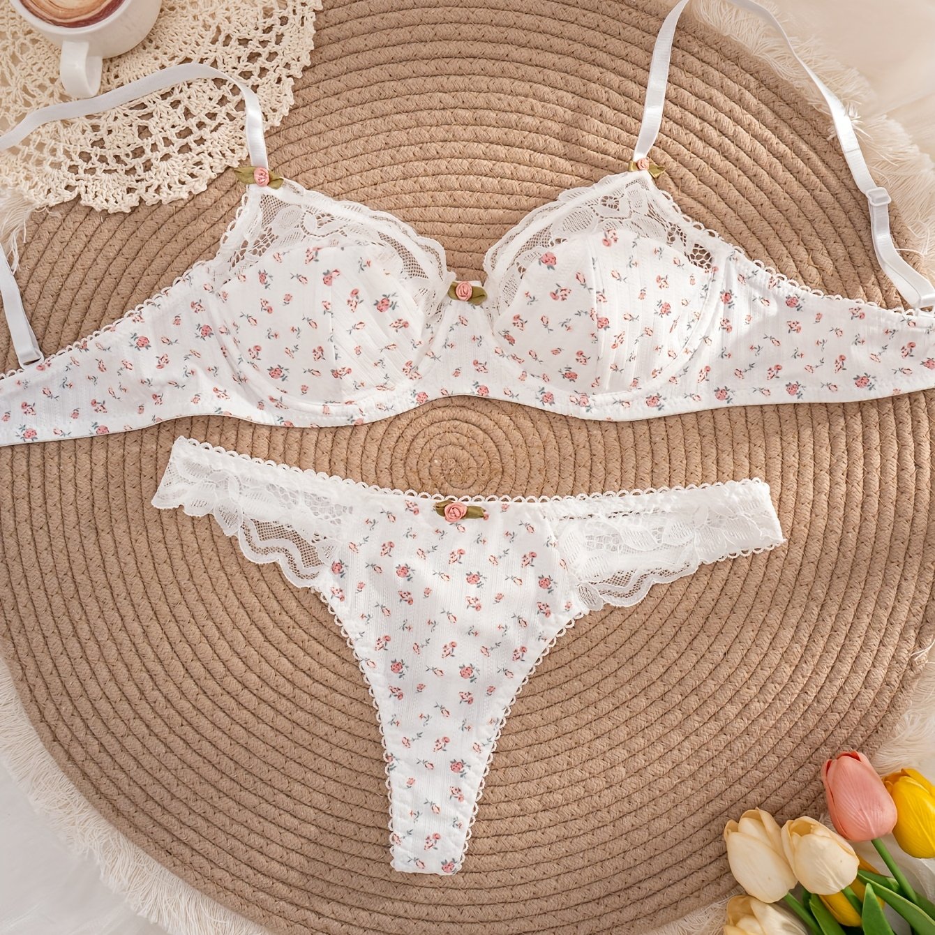 TEMU 1 Ensemble Soutien-gorge et Culotte Femme à Imprimé Floral, Couleur Unie, Bonnets Fins et Confortables