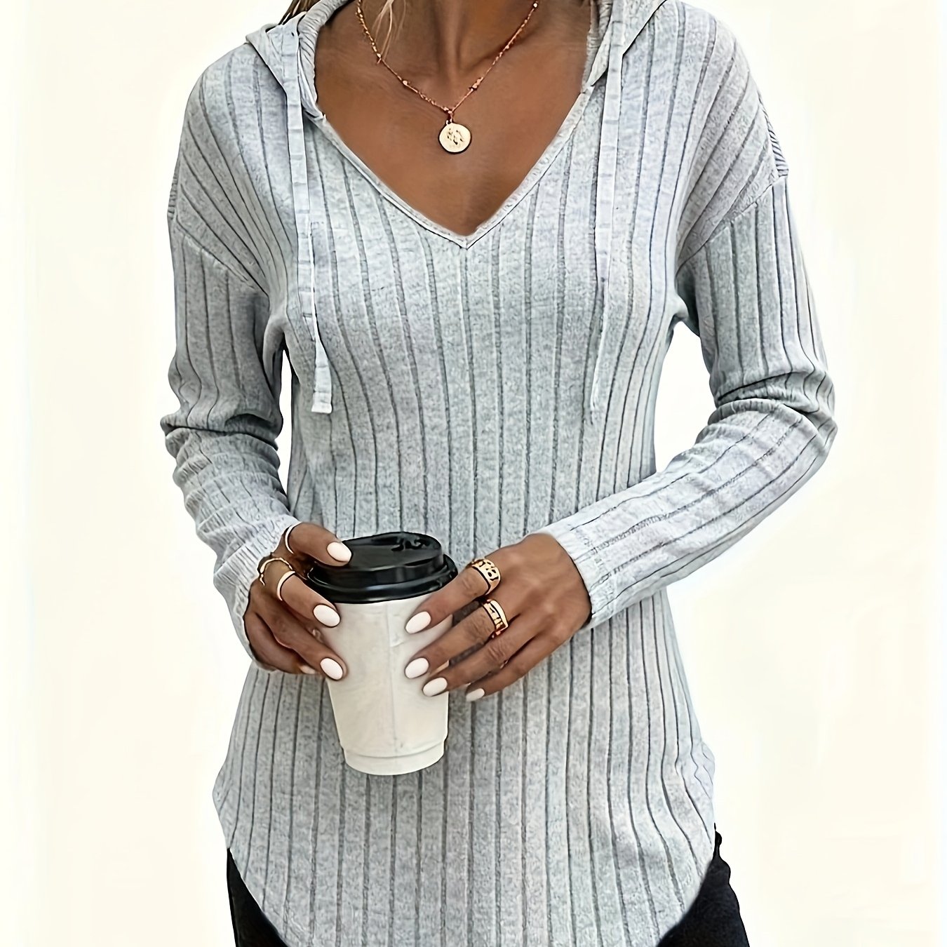 Women' Color Long Sleeve V-neck Hooded Top