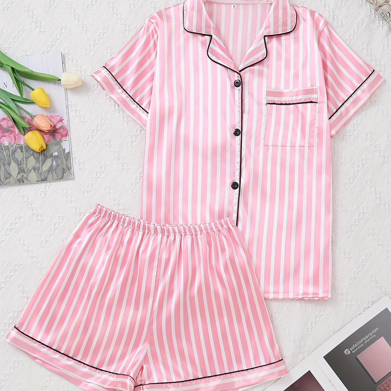 TEMU A Set Of 2pcs Pink Striped Summer Women's Pajama Set, Fashionable Short-sleeved Open Button- Lapel Top, Elastic Waist Short-sleeved Wear, Worn