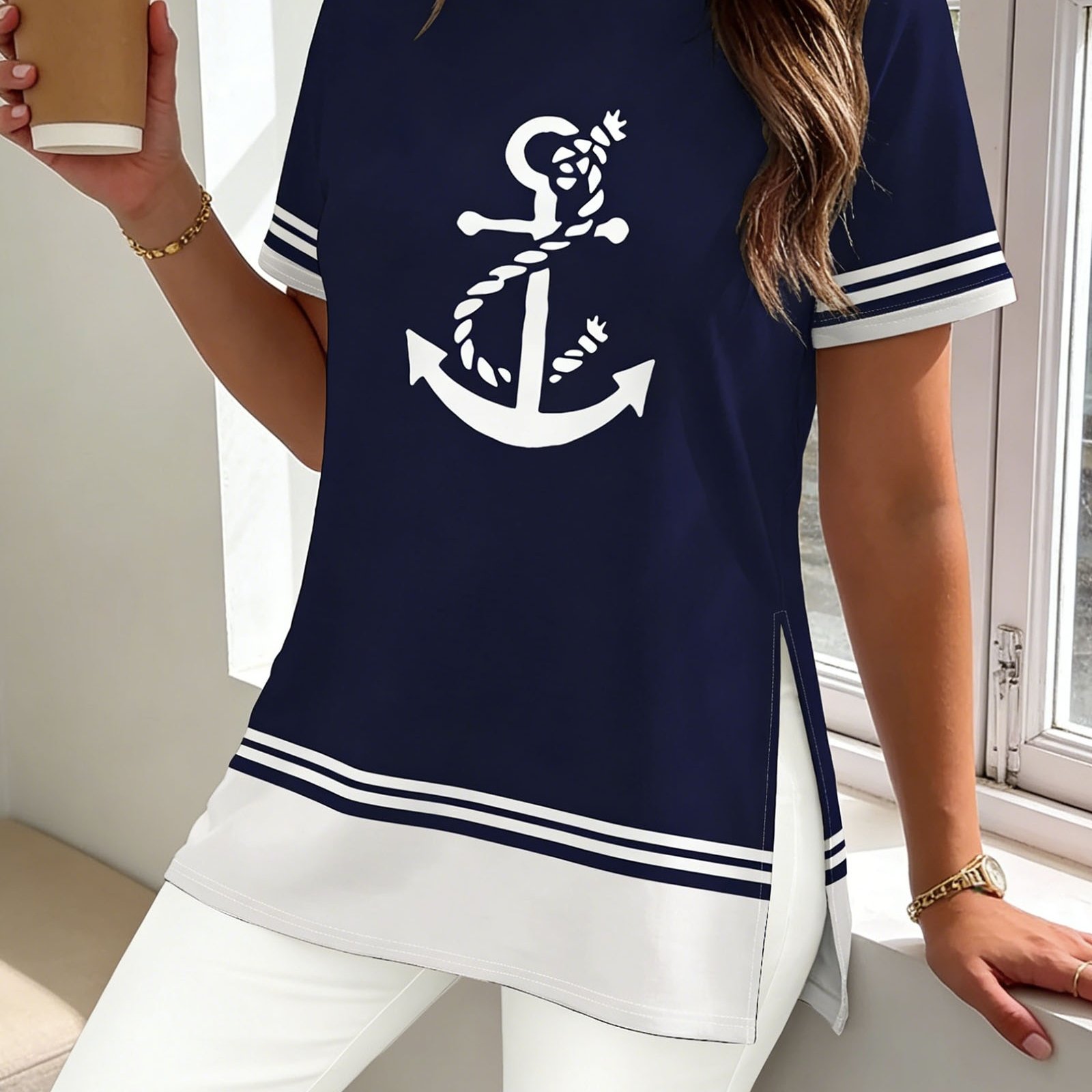 TEMU Women' Nautical Anchor Print T-shirt - Navy Blue Split Short Sleeve Top With Round Neck, Loose Block Blouse Suitable For Casual Beachwear, Yacht