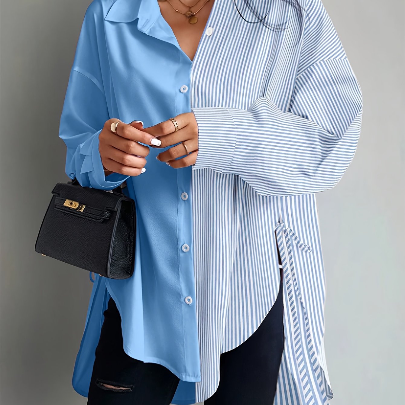 Image of Plus Size - Plus Size - Chic Long Sleeve Blouse For Plus Size Women - Relaxed Block Tunic With Side Slits And Lace-up Detail, Perfect For Office, Business Casual, And Work Attire