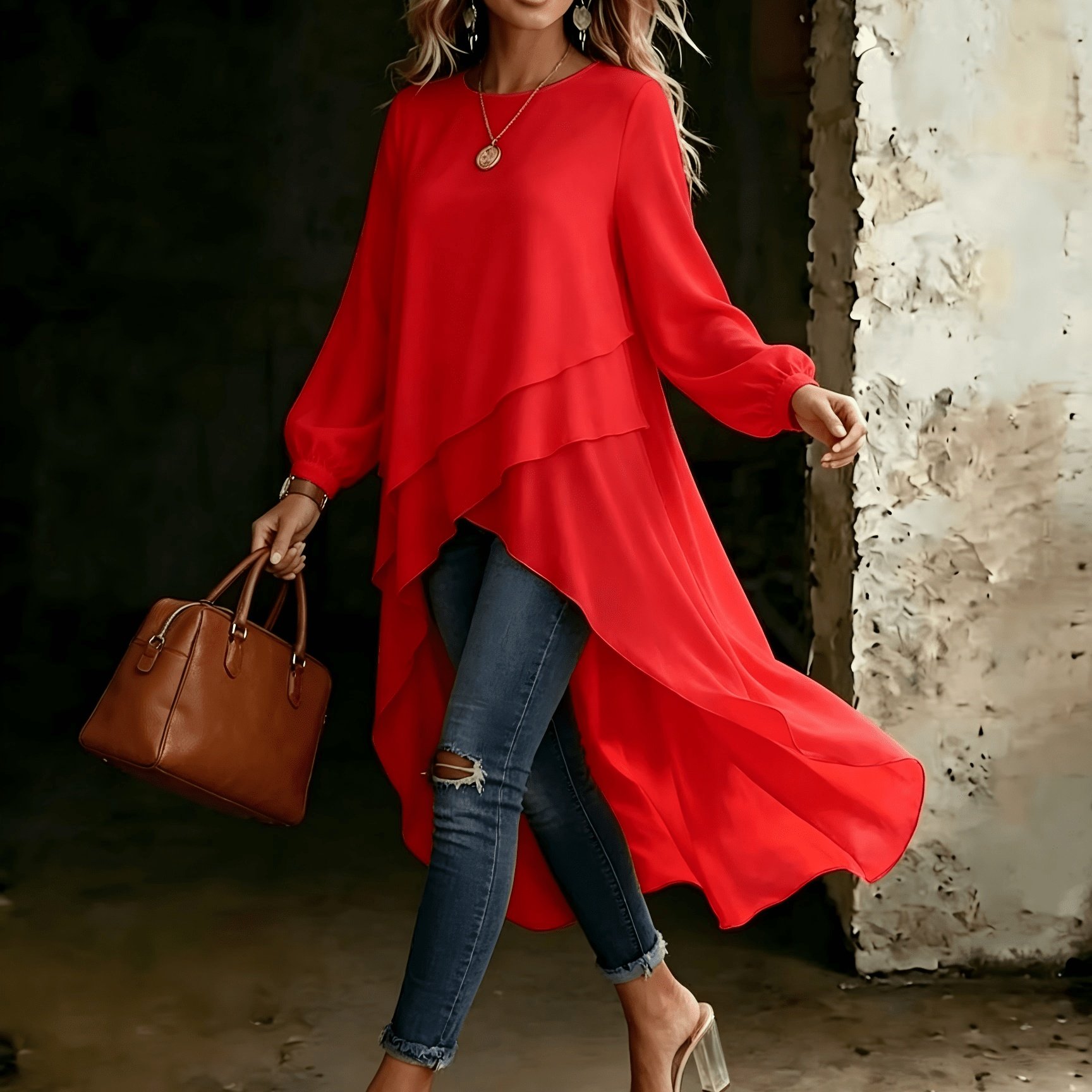 TEMU Plus Size Irregular Long Top Women's Round Neck Lantern Sleeve Body-covering Loose Layered Outerwear Shirt