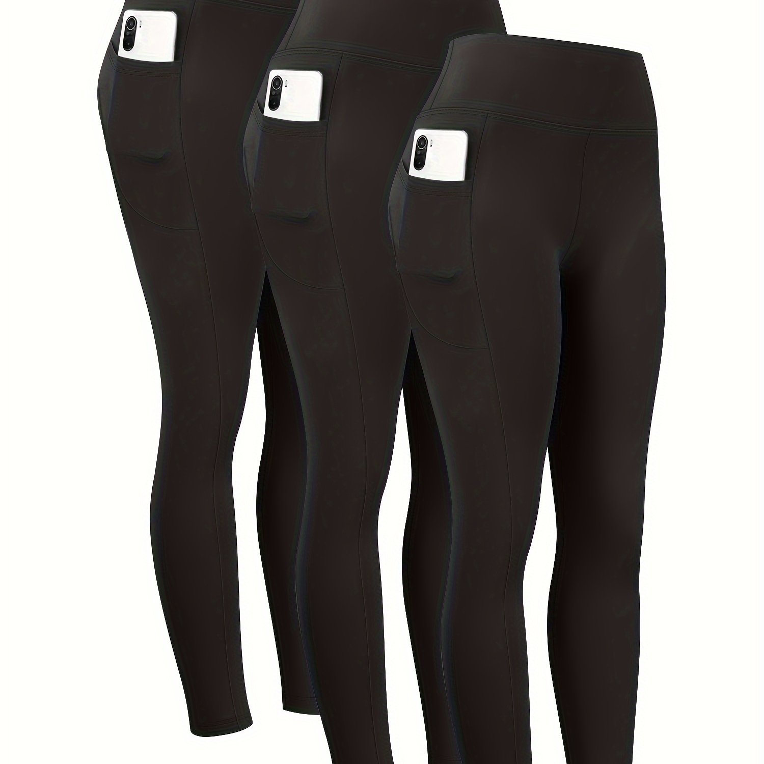 Plus Size - Plus Size - 3pcs Package Plus Size Tummy Control Leggings With Pockets High Waist Pants For Women, Fitness