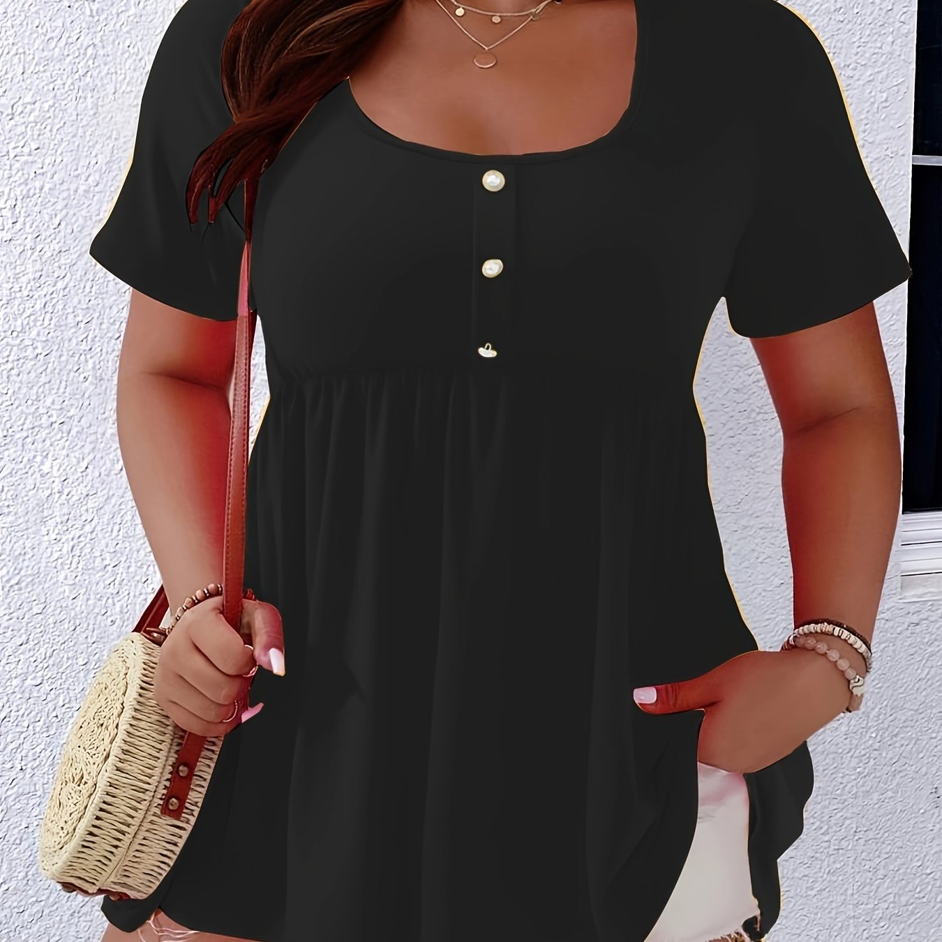 Plus Size - Plus Size - Targeted Development, Fashionable New Solid Color Plus Size Button-up Versatile Women's Top