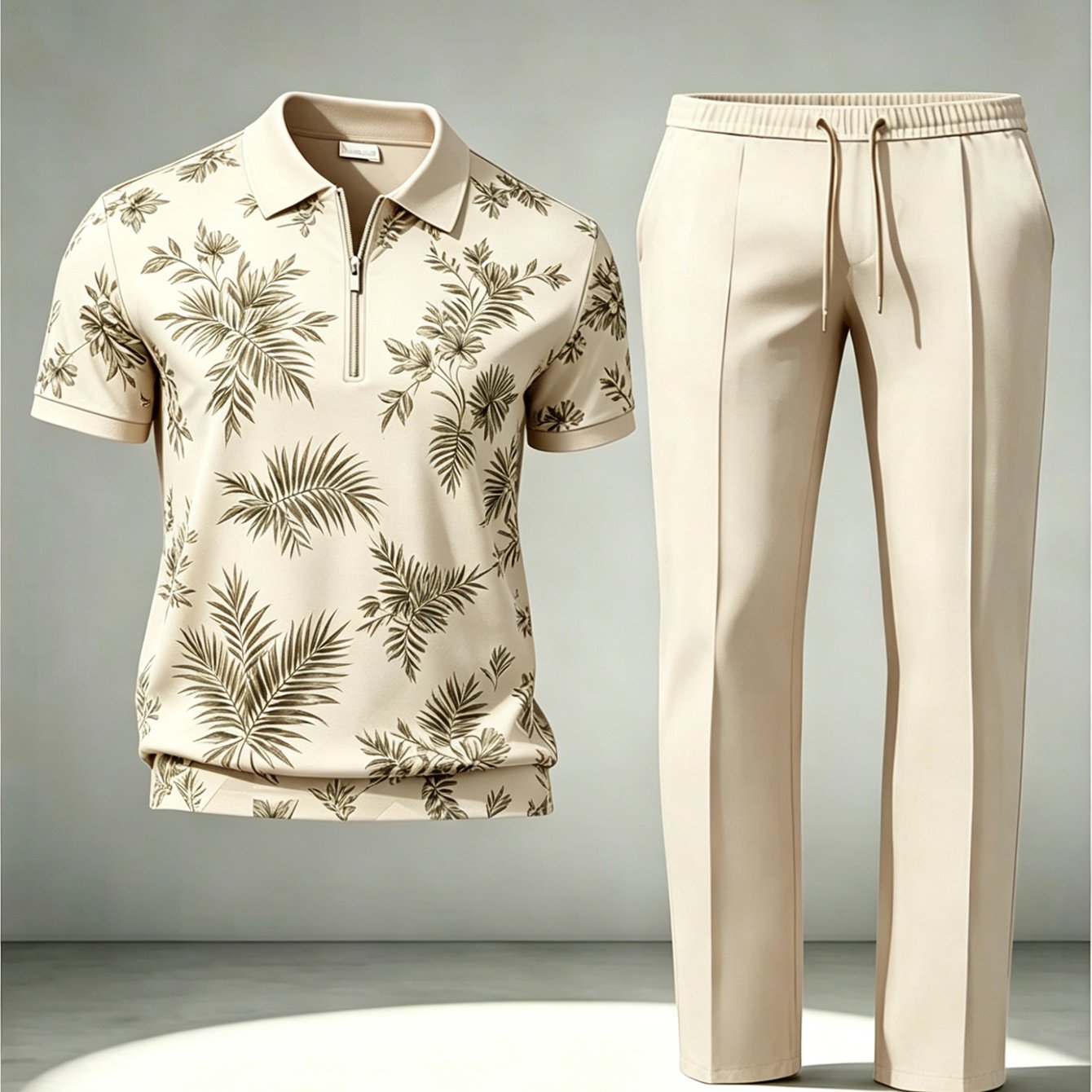 Image of Teenager's Casual Tropical Leaf Quarter-zip Shirt And Drawstring Pants Set 3d Polyester Palm Print Short Sleeve Shirt Regular Fit Two-piece Set Spring/ Outfit, For Outdoor, For Teenager, For Teenager