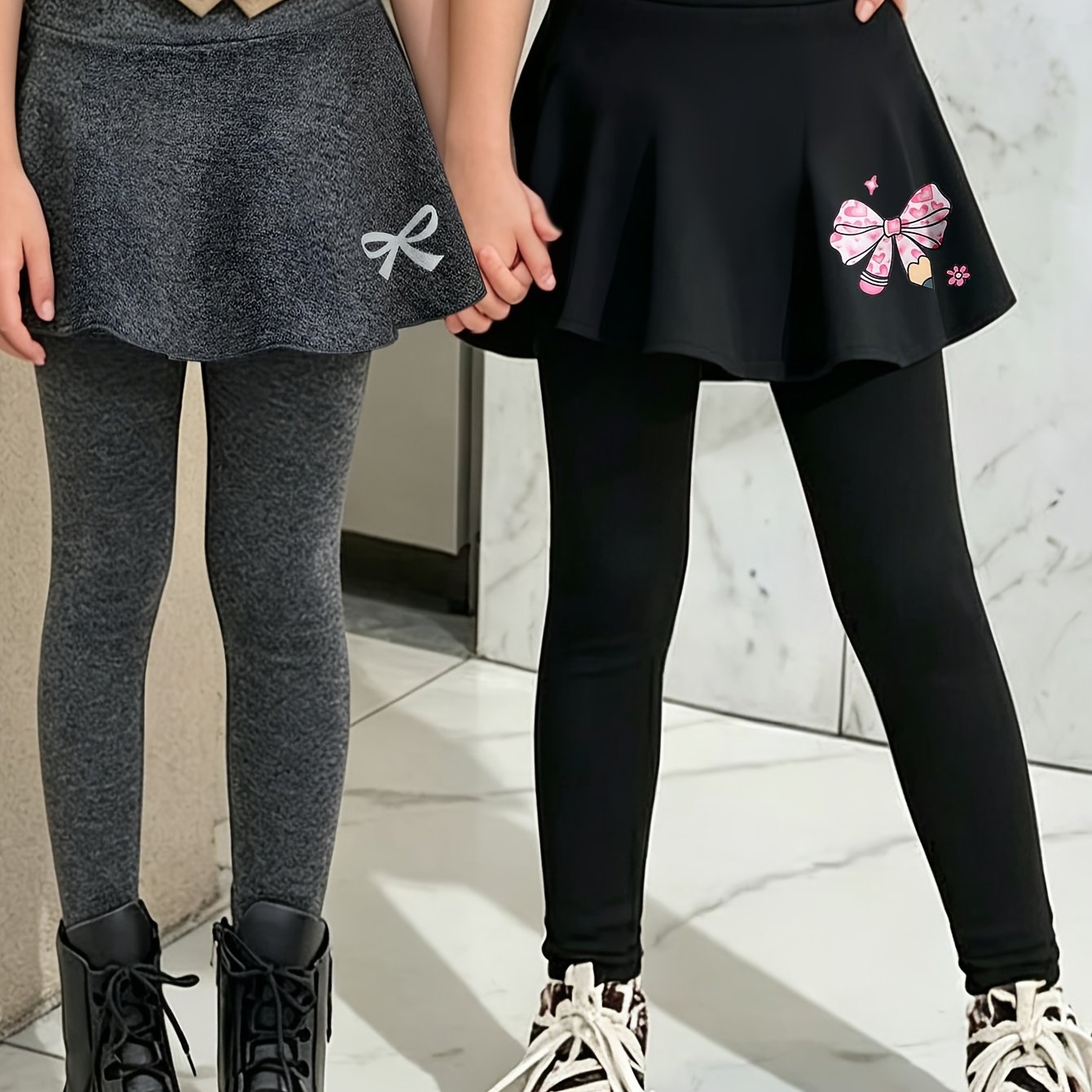 Image of 2pcs Girls' Spring/summer/fall Yoga/light Sports Leggings, Stretchy Knit Fabric, Hem, Bow Print Design, For Girls Ages 4-7, Casual Sporty Tennis Skort Leggings
