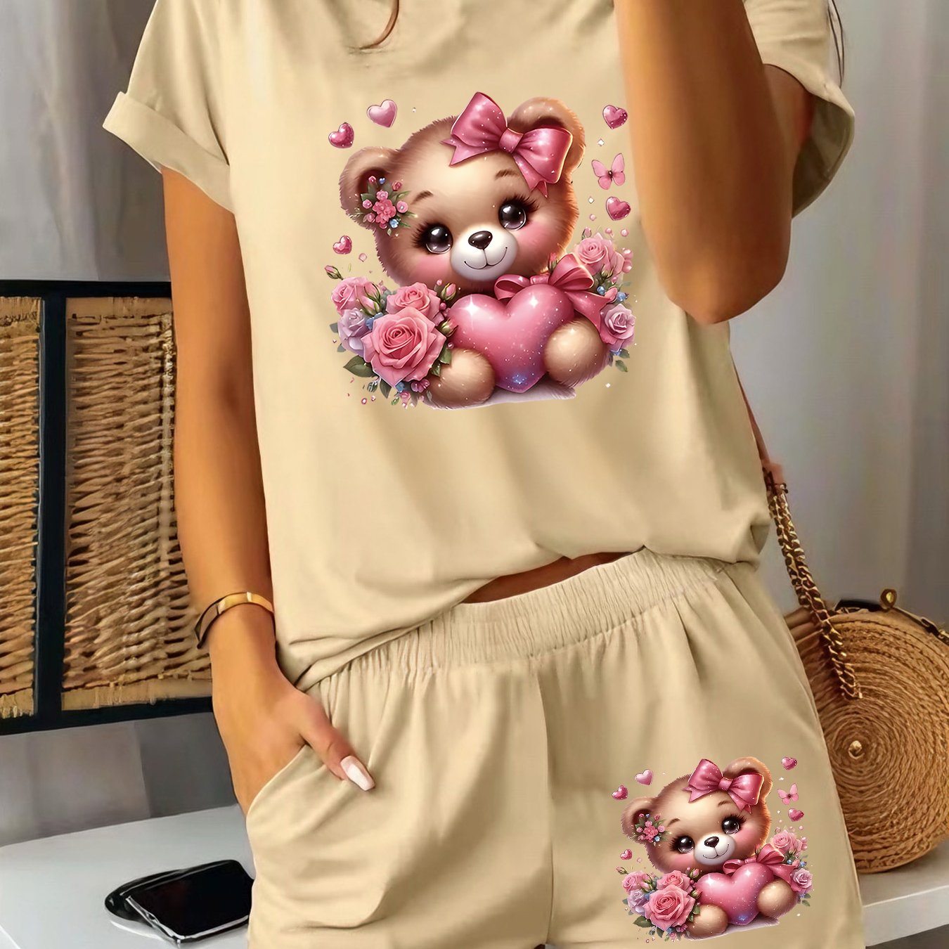 TEMU 2pcs Women's Spring Summer Short Sleeve & Shorts Matching Pajamas - Bow Bear Heart Rose Print Sleepwear Gym Suit, Breathable Pajamas For Jogging