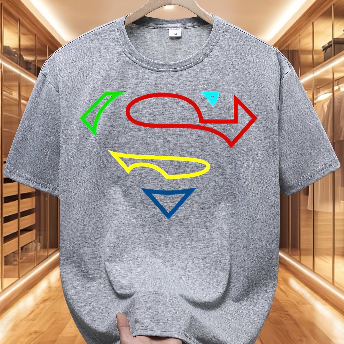 TEMU Superman Color - Block Logo Print Round Neck T-shirt For Men, Sportswear, Short-sleeve Trendy Clothing, Breathable Casual Fit, Suitable For
