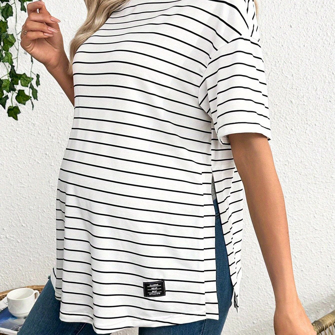 E-shop Gestreiftes T-Shirt für Schwangere, Frühling Sommer, Lässiges Basishemd, Kurzarm, Weißgestreift, Locker, Bequem, Sommer,