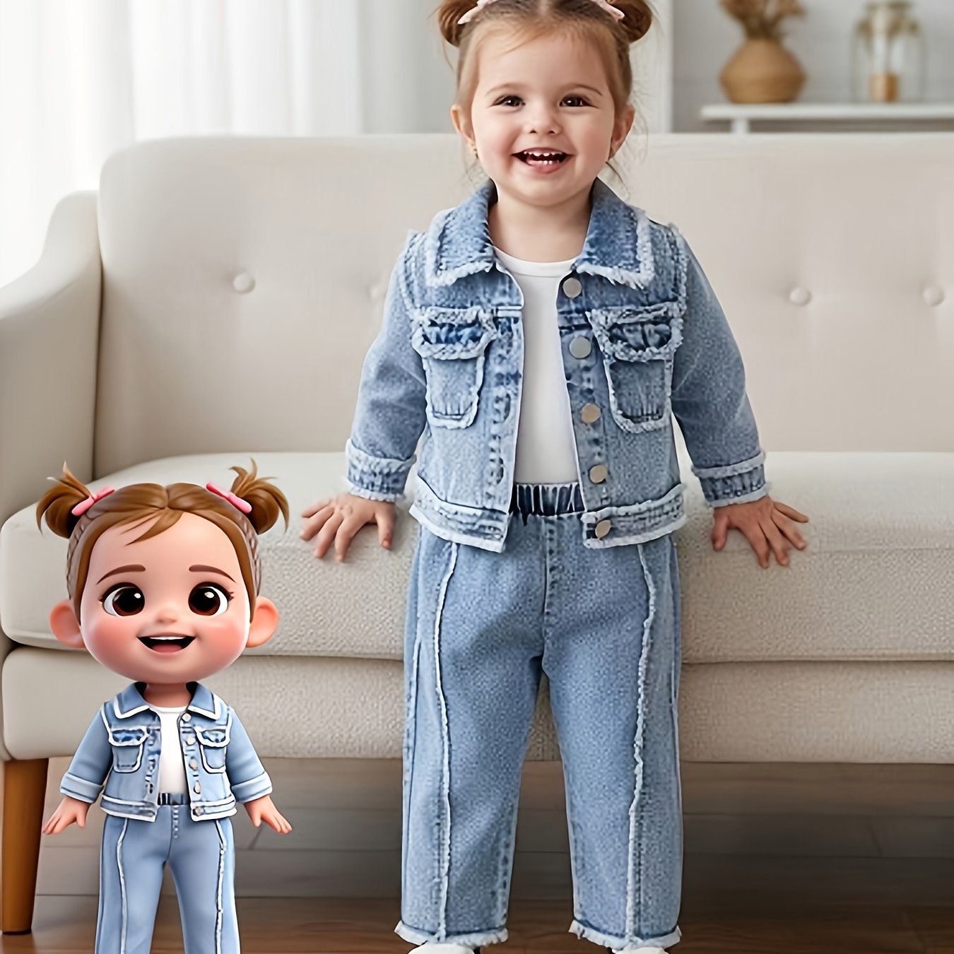 TEMU 2pcs Vintage Denim Long-sleeved Jacket And Pants Set For Baby Girls, Suitable For Spring And Autumn, Perfect For Outdoor
